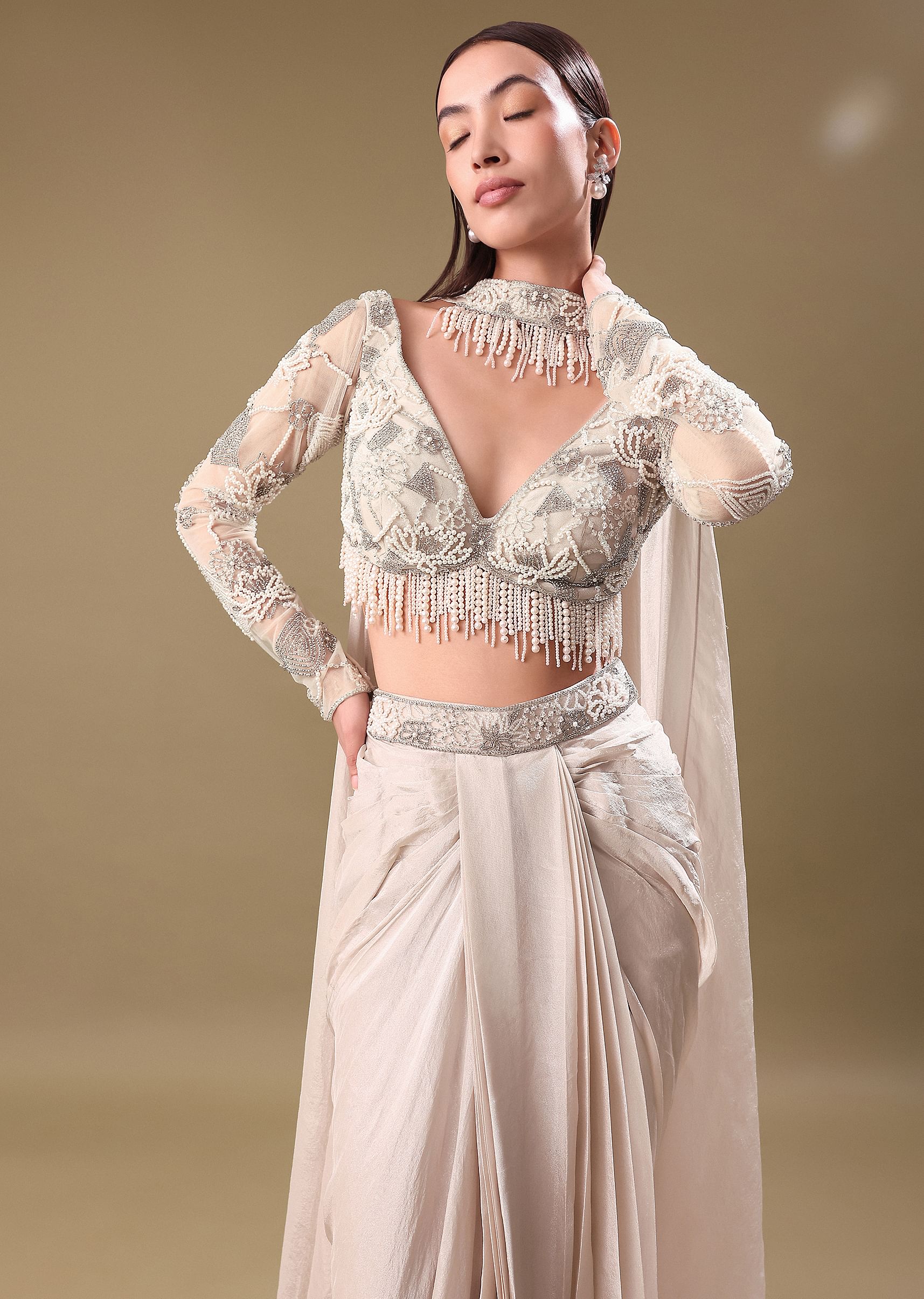 Buy Ivory Pre Drape Tissue Skirt With Full Sleeve Blouse KALKI Fashion India