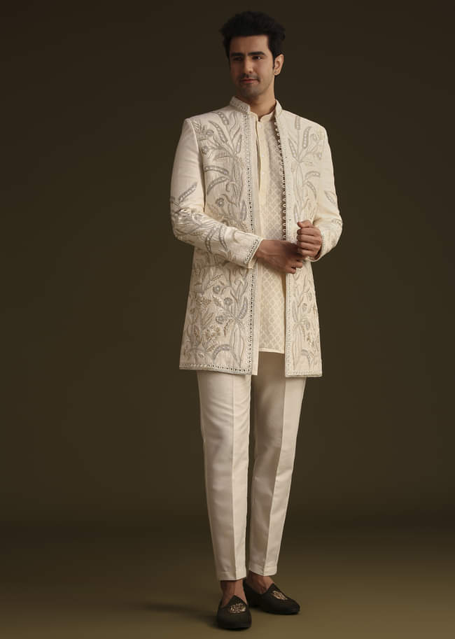 Ivory Silk Indo Western Set With Zardosi Work