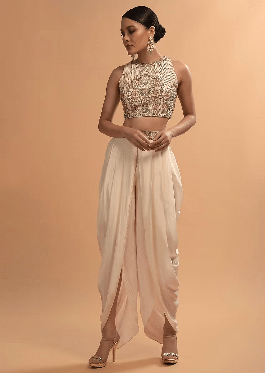 Buy Beige Crepe Sleeveless Tulip Dhoti And Crop Top Set with Embroidery