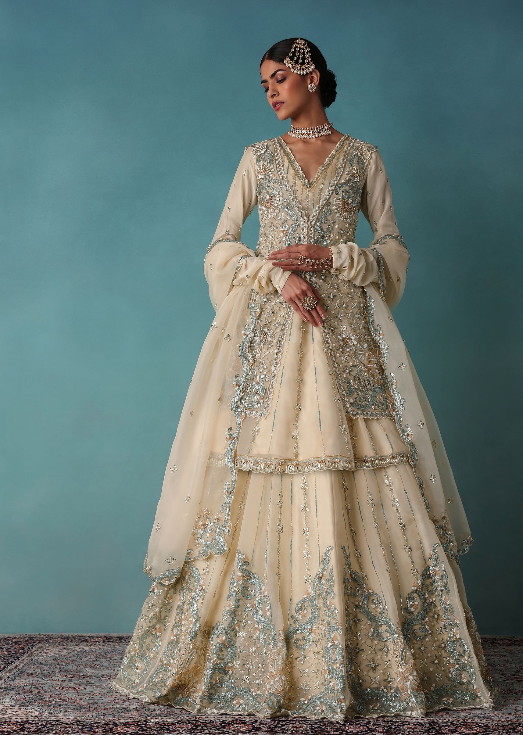 Buy Ivory White Embroidered Bridal Lehenga With Kurta And Jacket