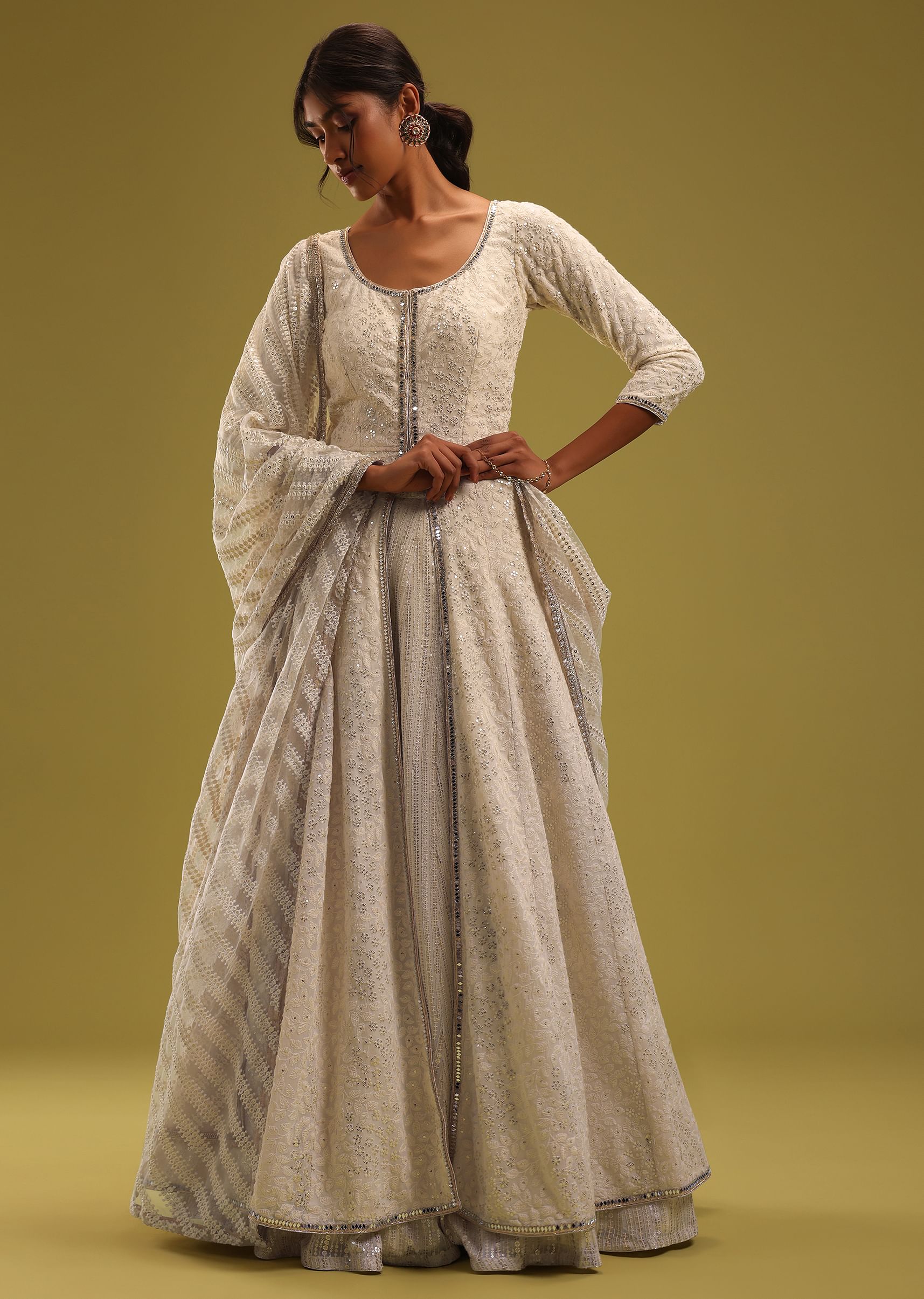 Buy Ivory White Lucknowi Embroidered Lehenga And Anarkali Set