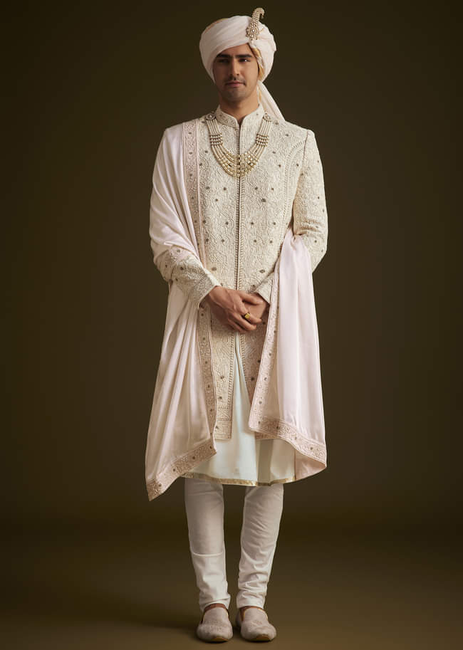 Ivory Zardozi Embroidered Sherwani With Matching Dupatta