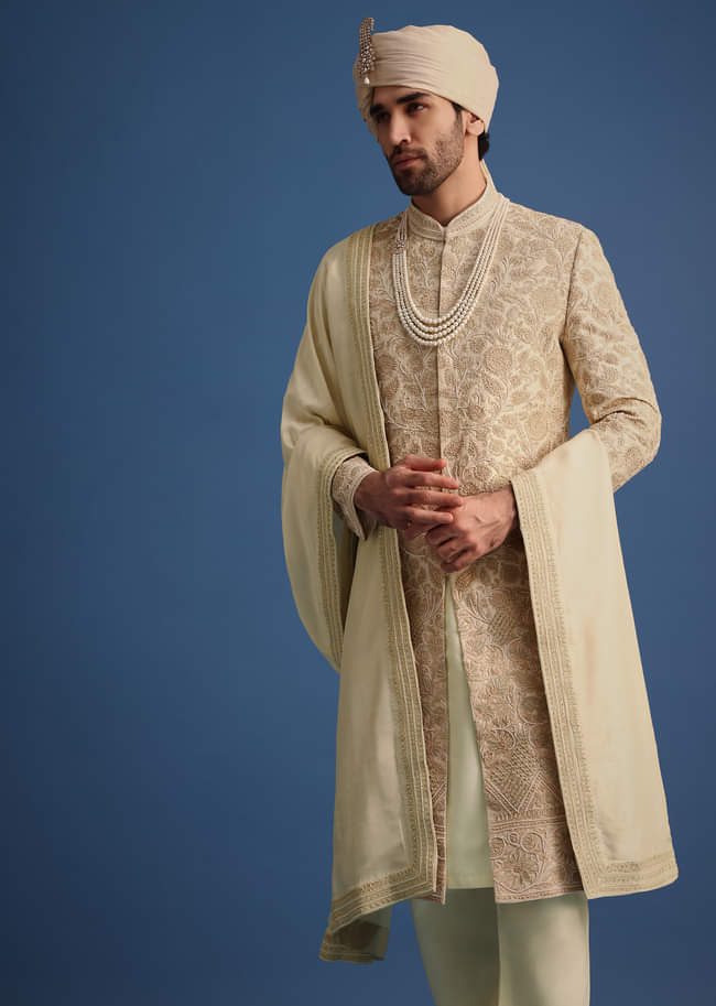 Ivory Zari Embroidered Sherwani Suit