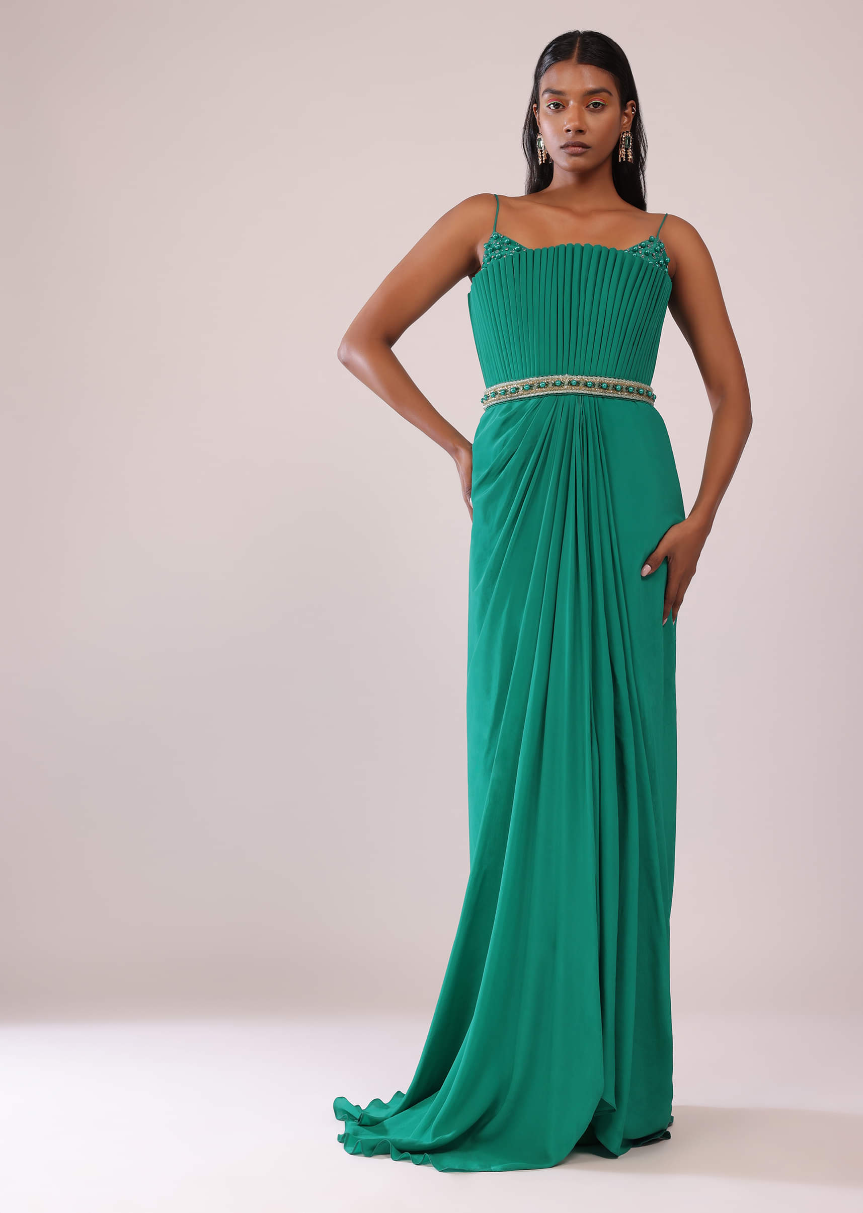 Buy Jade Green Crepe Gown And Belt Adorned With Moti And Beads