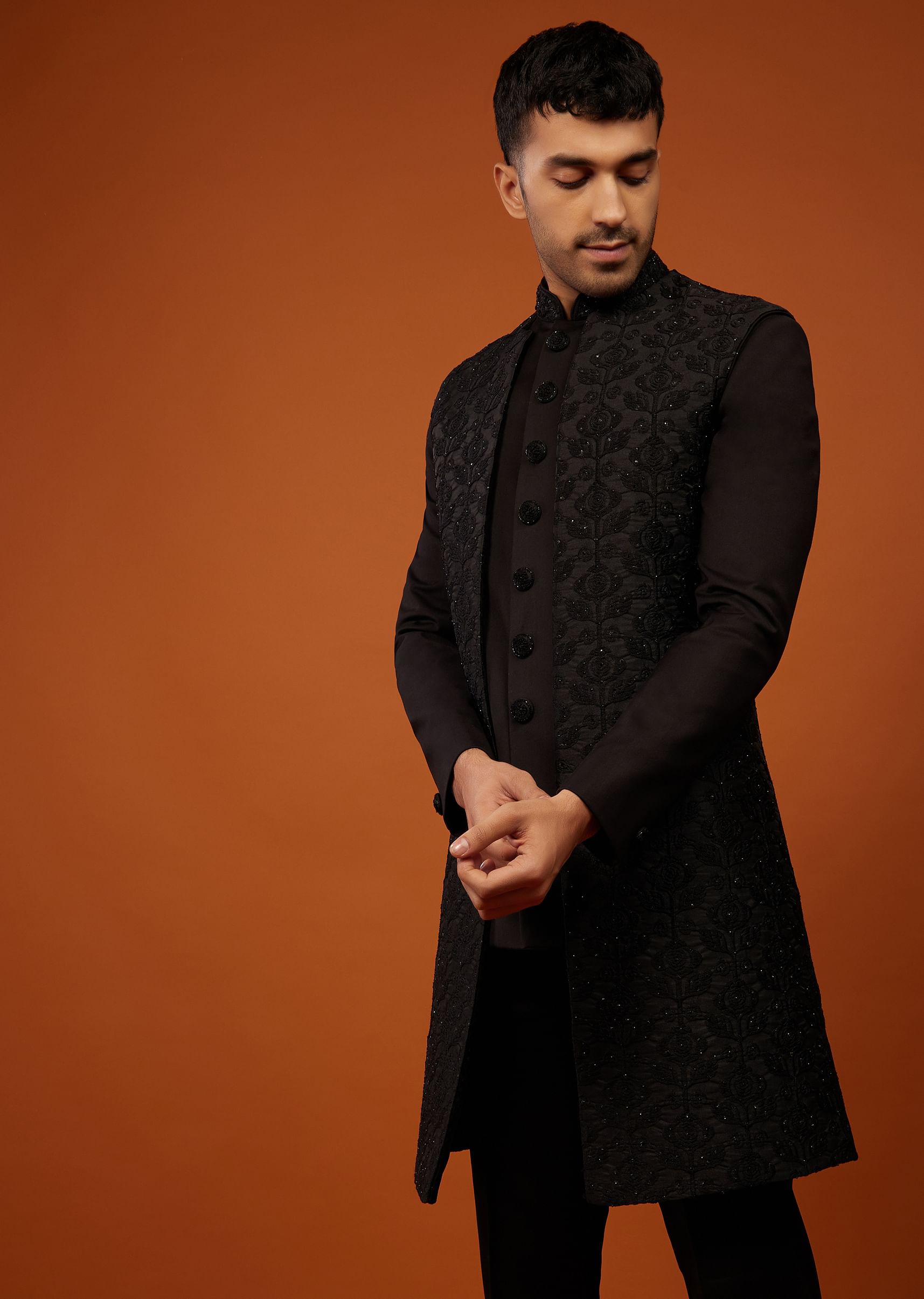 Buy Jet Black Sherwani Set Embroidered In Imported Suiting Fabric KALKI Fashion India