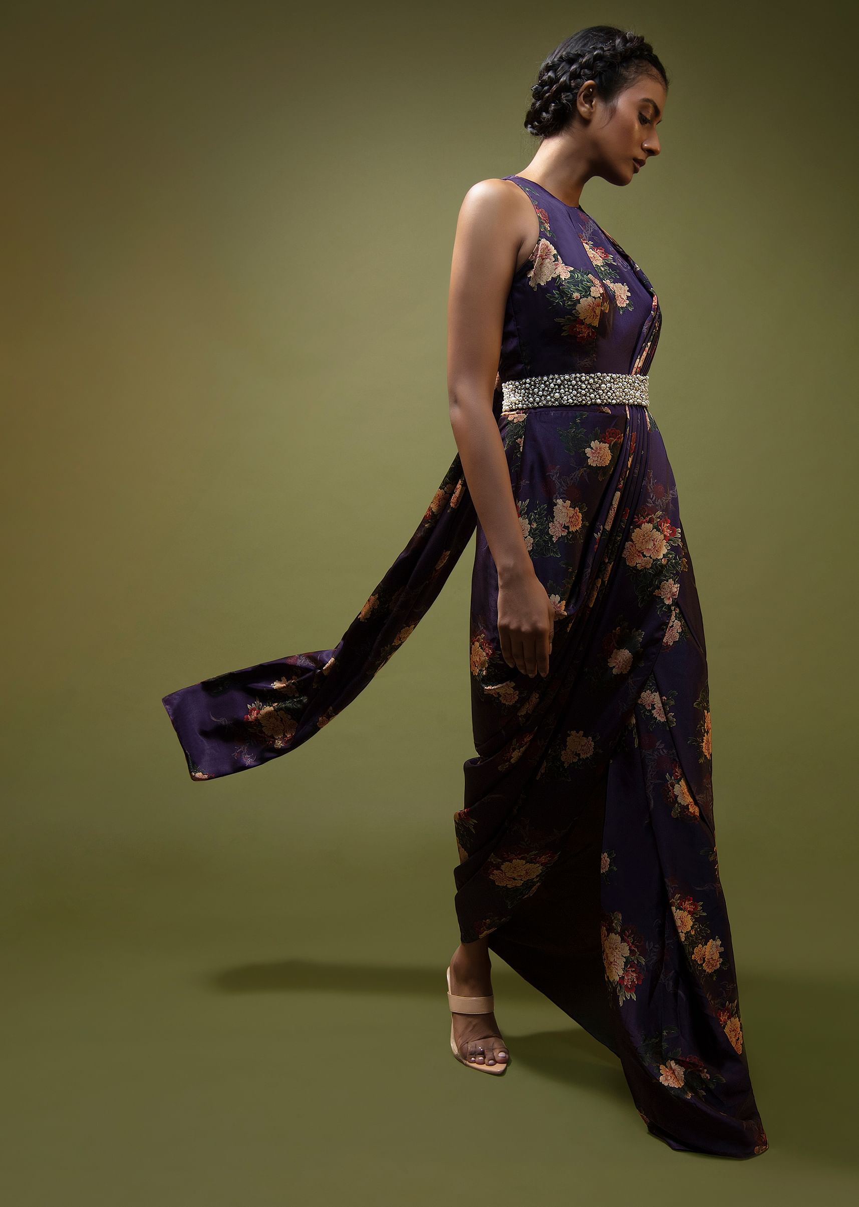 Buy Jewel Purple Saree Gown In Floral Printed Satin With A Cowl Draped Pallu And Moti Embroidered Belt Online Kalki Fashion