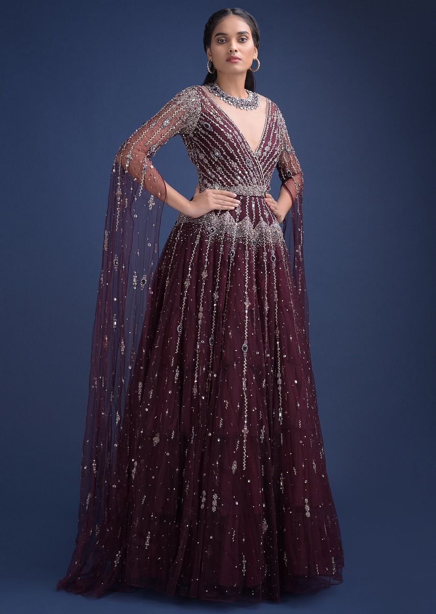 Buy Jewel Toned Cassis Gown With Extended Floor Length Sleeves And Hand Crafted In Geometric Motifs Online Kalki Fashion