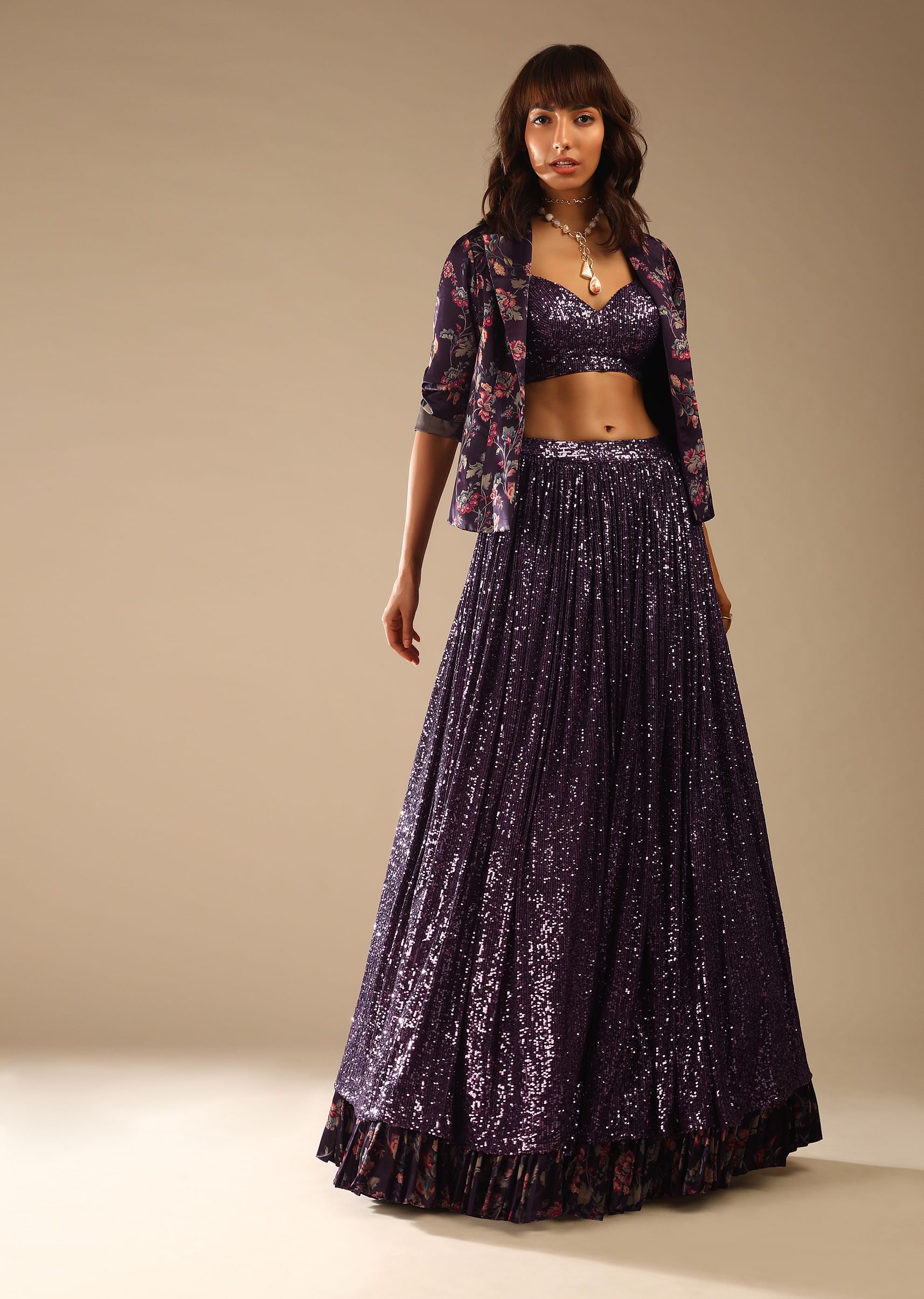 Buy Jewel Purple Lehenga Choli In Sequins Fabric With A Floral Printed Blazer Jacket And Printed Frill On The Lehenga Hemline Online Kalki Fashion
