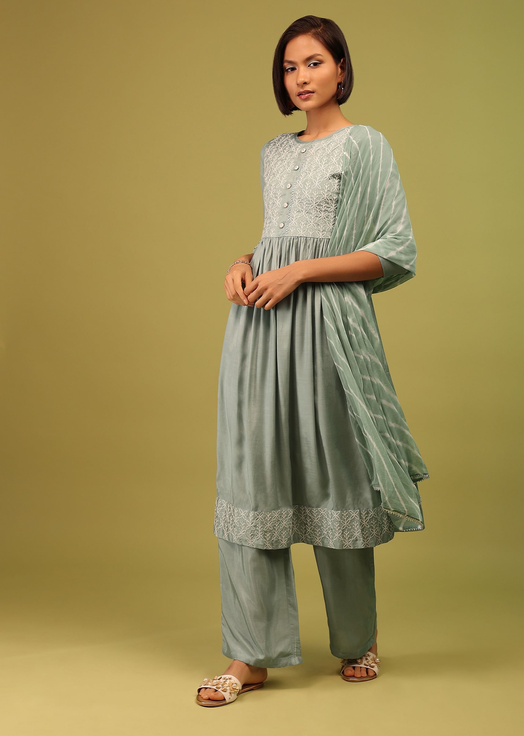 Buy Aqua Green Crepe Palazzo Suit Set with Floral Embroidery KALKI Fashion Global