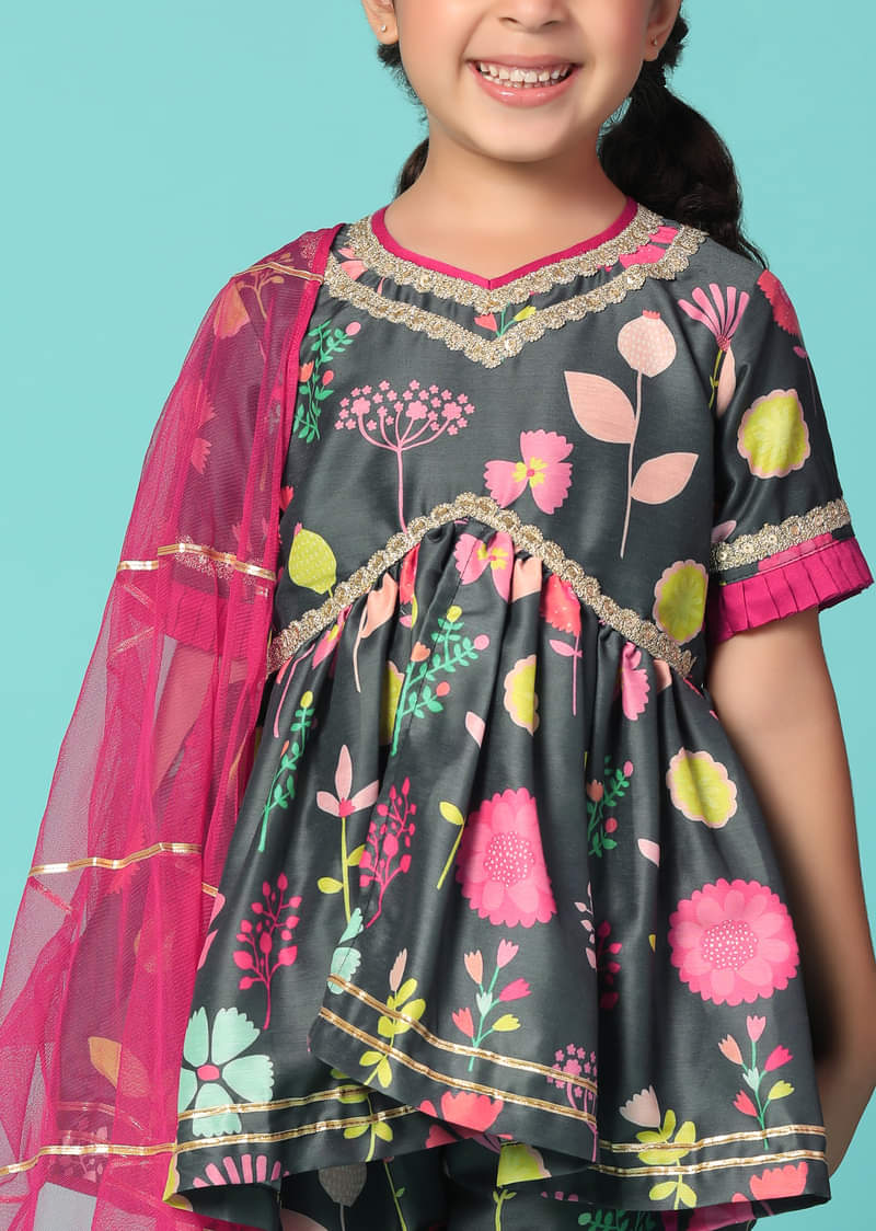 Kalki Black Printed Kurta And Sharara Set In Cotton Silk For Girls