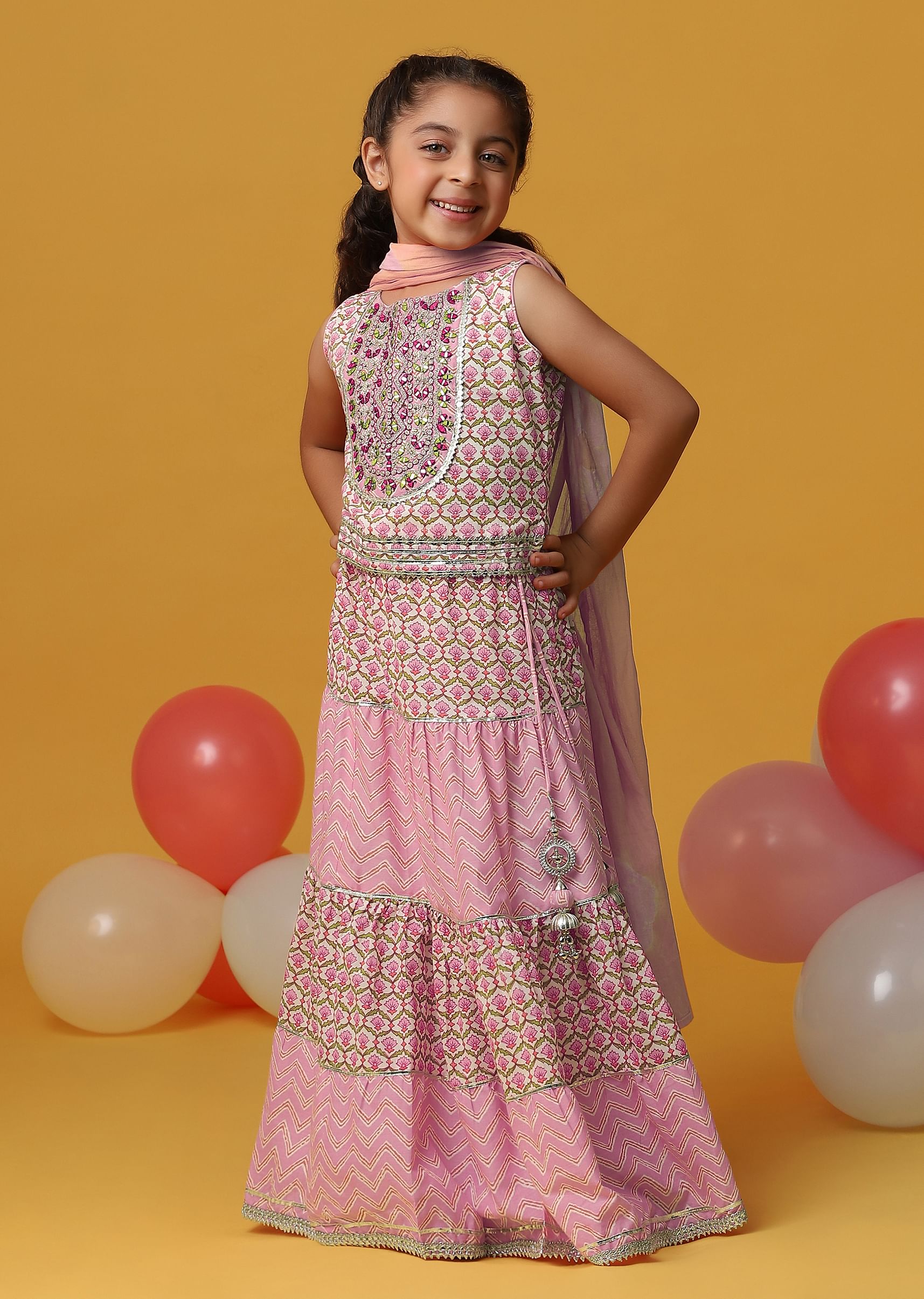 Buy Kalki Blush Pink Printed Lehenga Blouse Set In Cotton For Girls