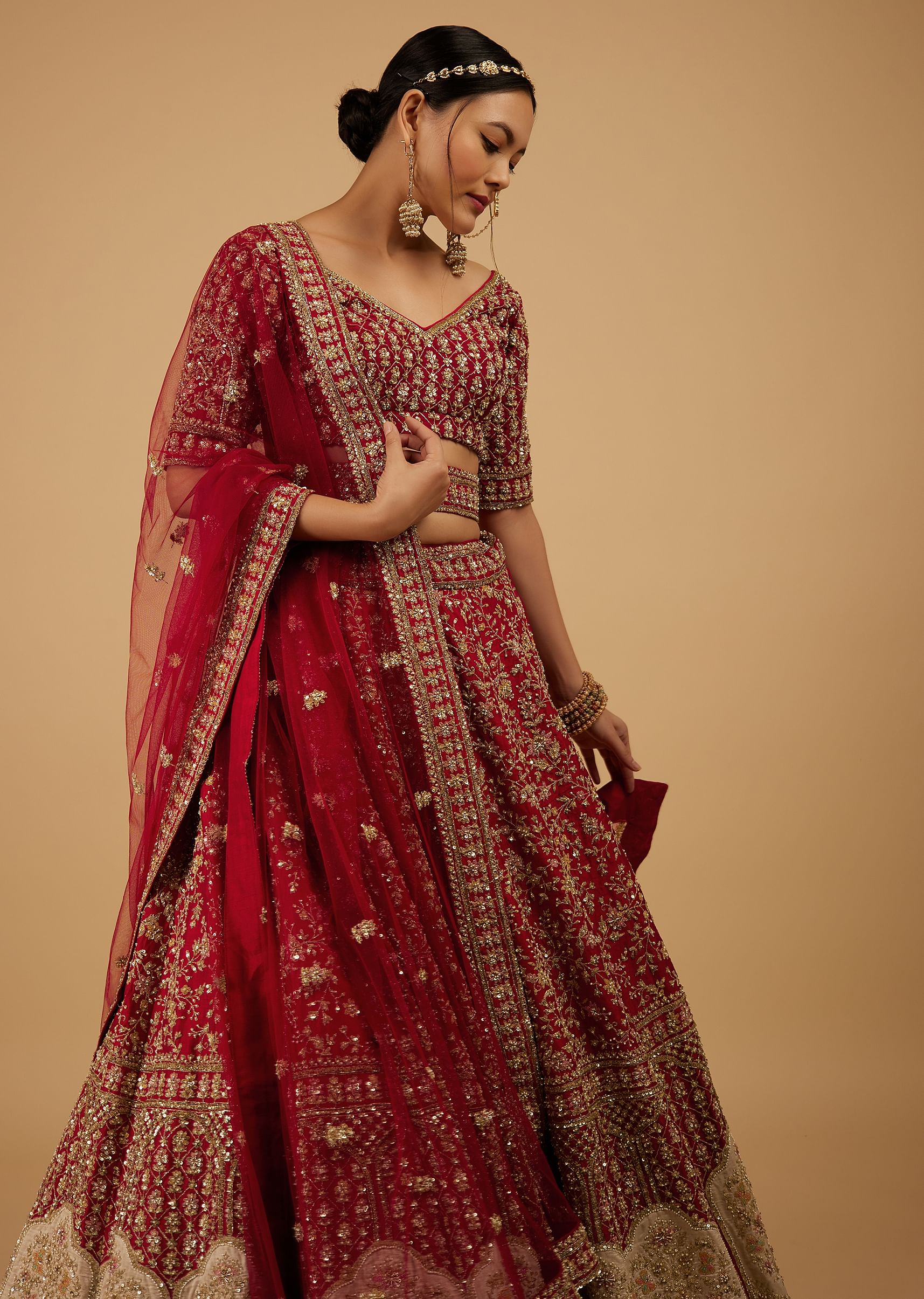 Buy Bride And Baraat Apple Red Fully Embroidered Lavish Lehenga Choli With Belt KALKI Fashion Global