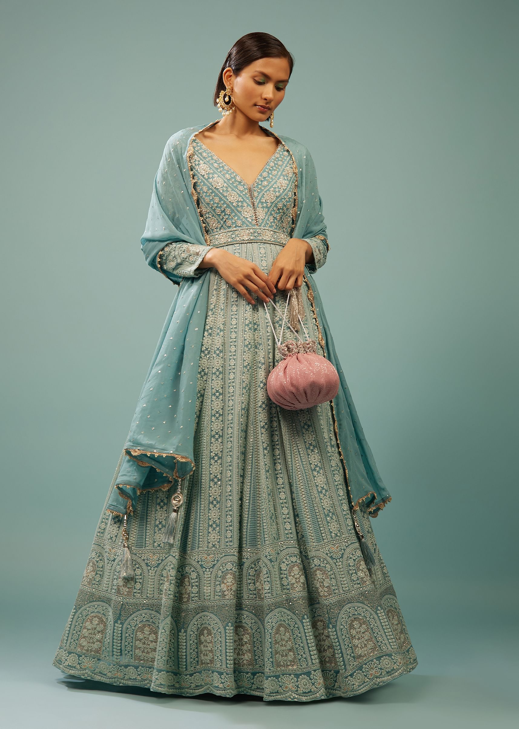 Buy Powder Blue Lucknowi Anarkali Suit In Georgette With Embroidery