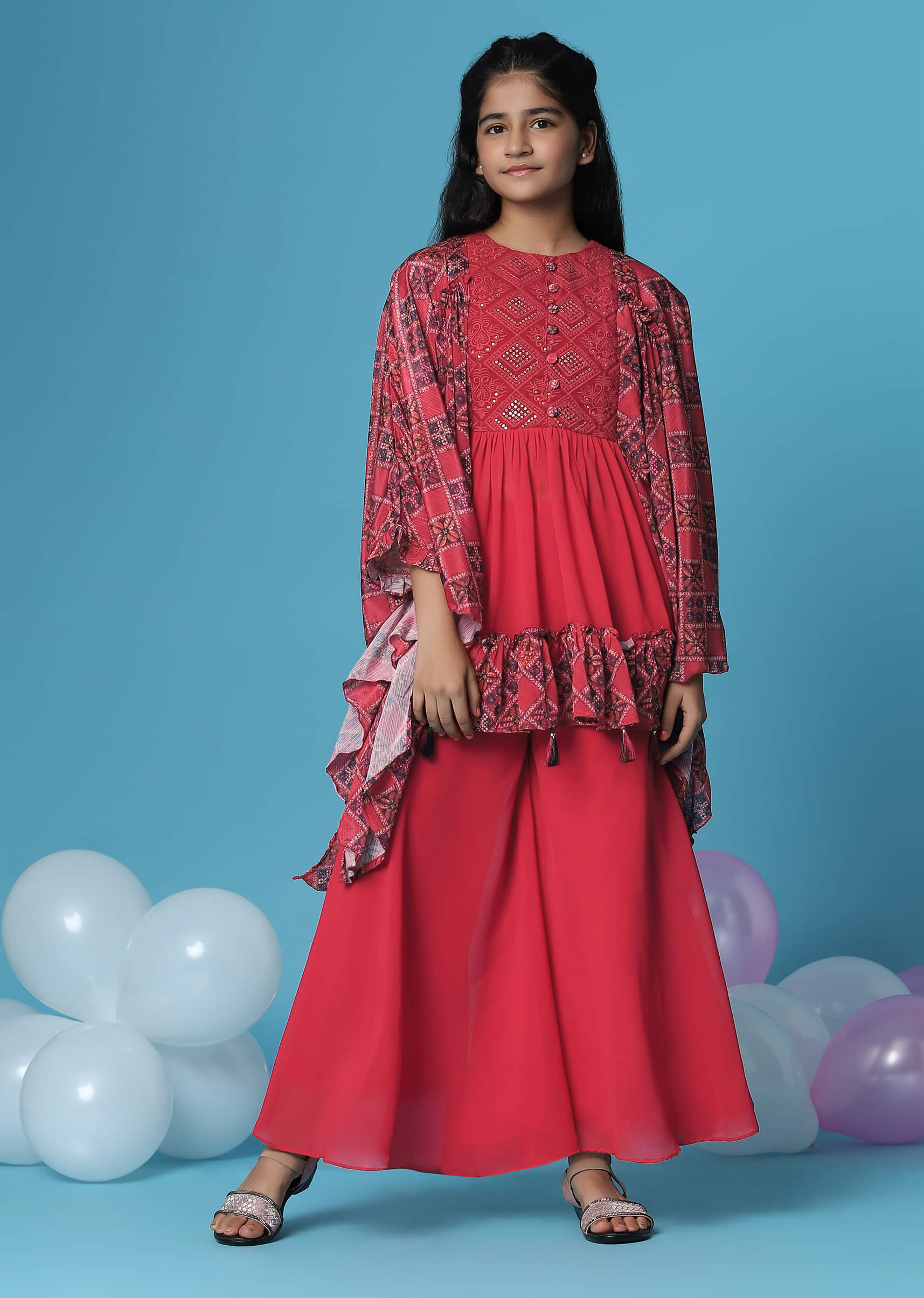 Buy Kalki Hot Pink Embroidered Kurti And Palazzo Set In Georgette With Flared Sleeves For Girls KALKI Fashion India