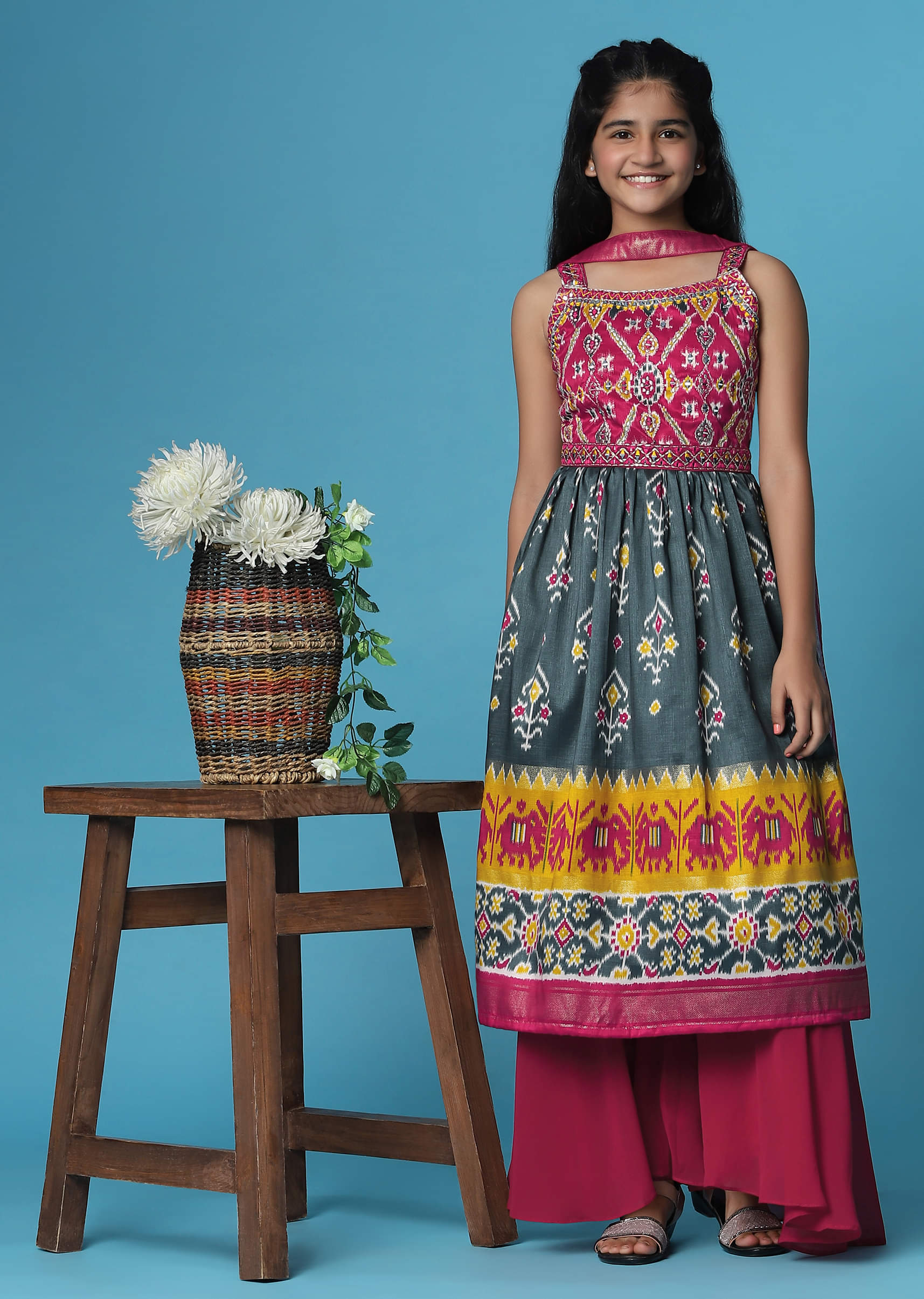 Buy Hot Pink Silk Sleeveless Kurti Palazzo Set with for Girls
