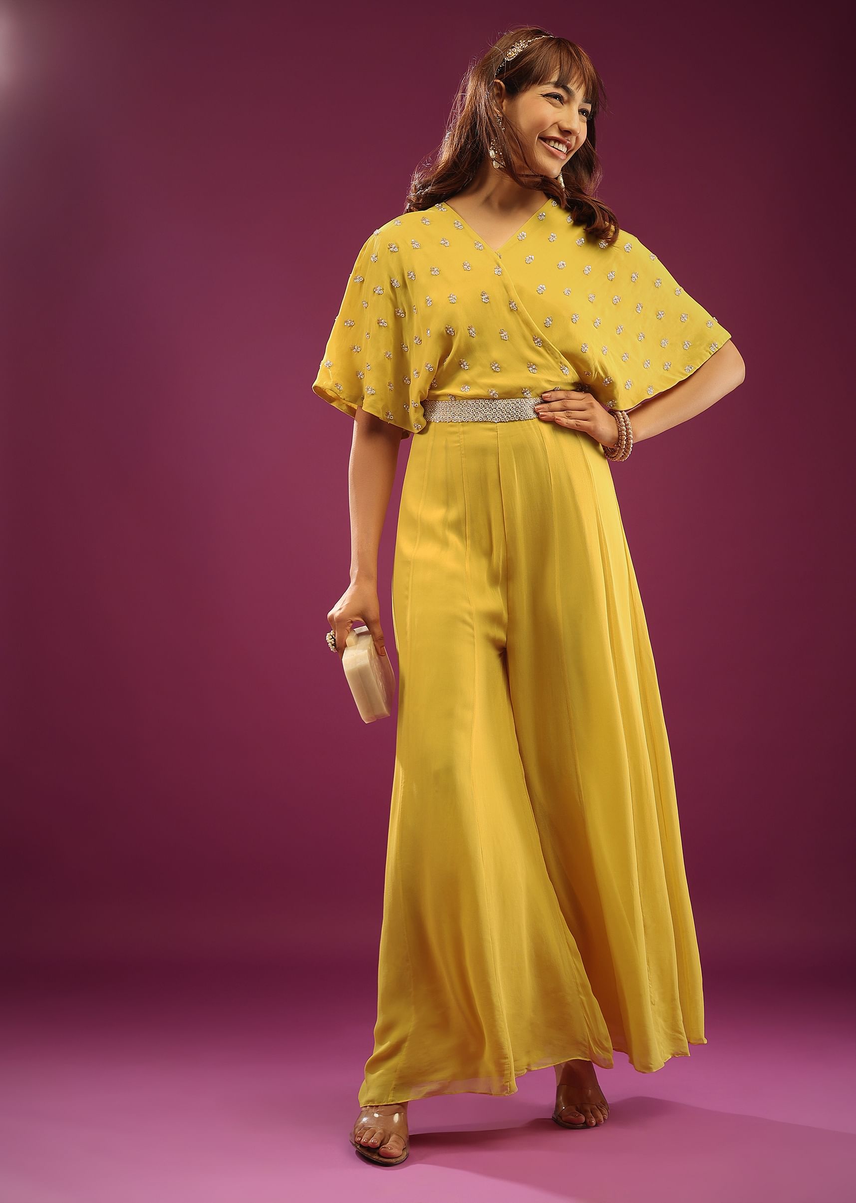 Buy Bright Yellow Georgette Jumpsuit with Embroidery