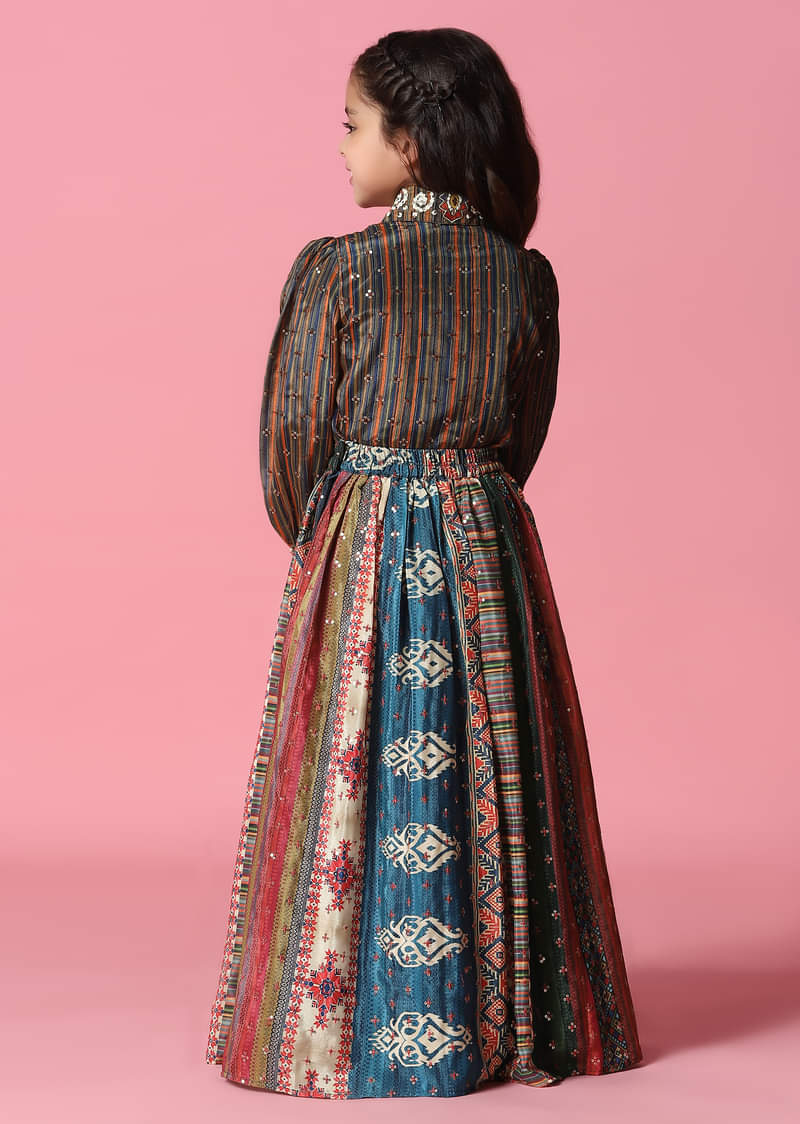 Kalki Multicolor Embroidered Skirt And Top Set In Satin Blend For Girls 