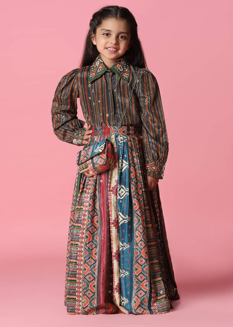 Kalki Multicolor Embroidered Skirt And Top Set In Satin Blend For Girls 