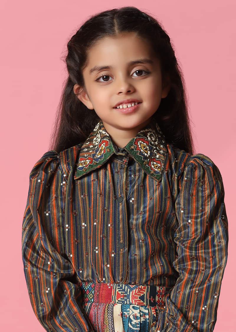 Kalki Multicolor Embroidered Skirt And Top Set In Satin Blend For Girls 