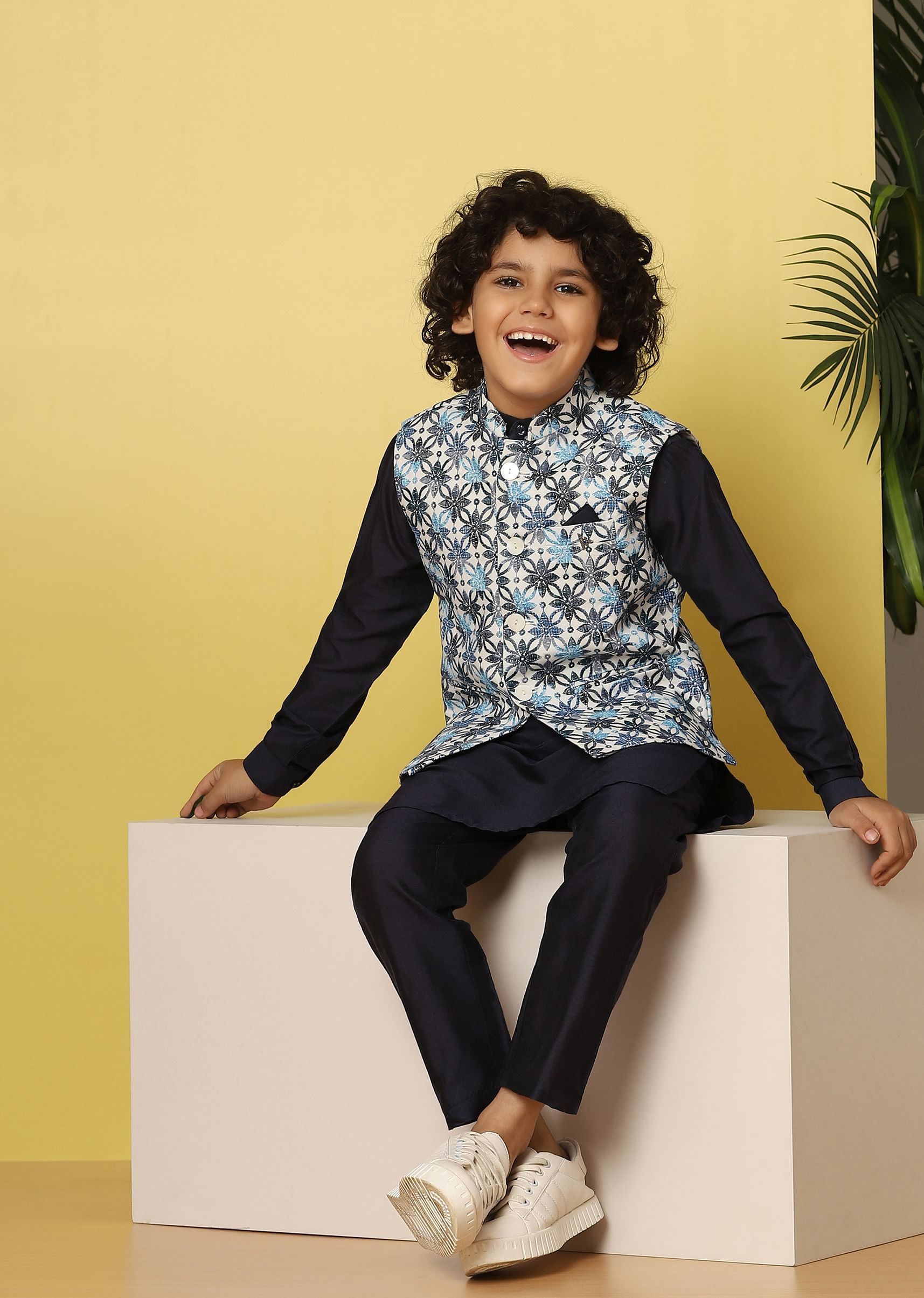 Buy Kalki Navy Blue Bandi Jacket And Kurta Set In Silk With Threadwork For Boys KALKI Fashion Global