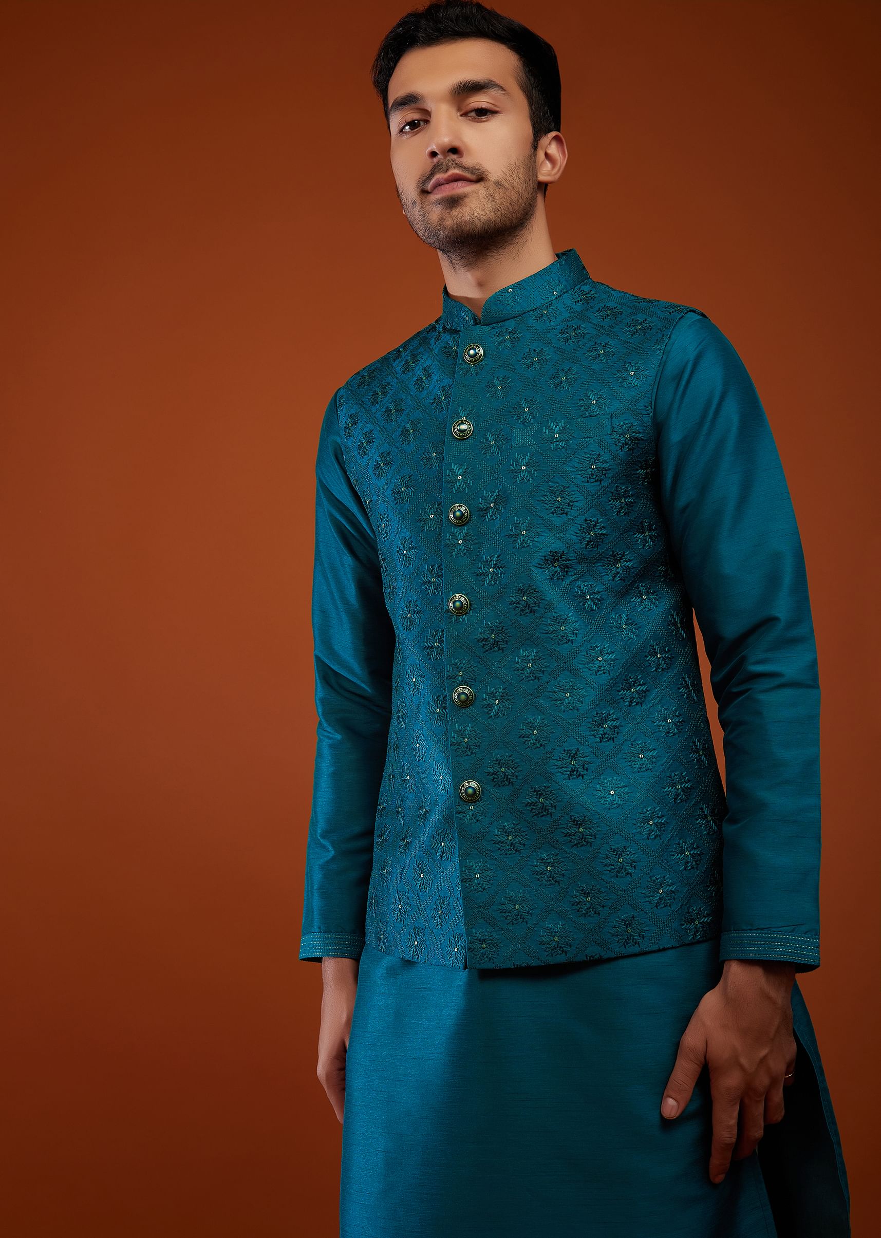 Buy Sea Blue Bandi Jacket Set With Embroidery KALKI Fashion Global