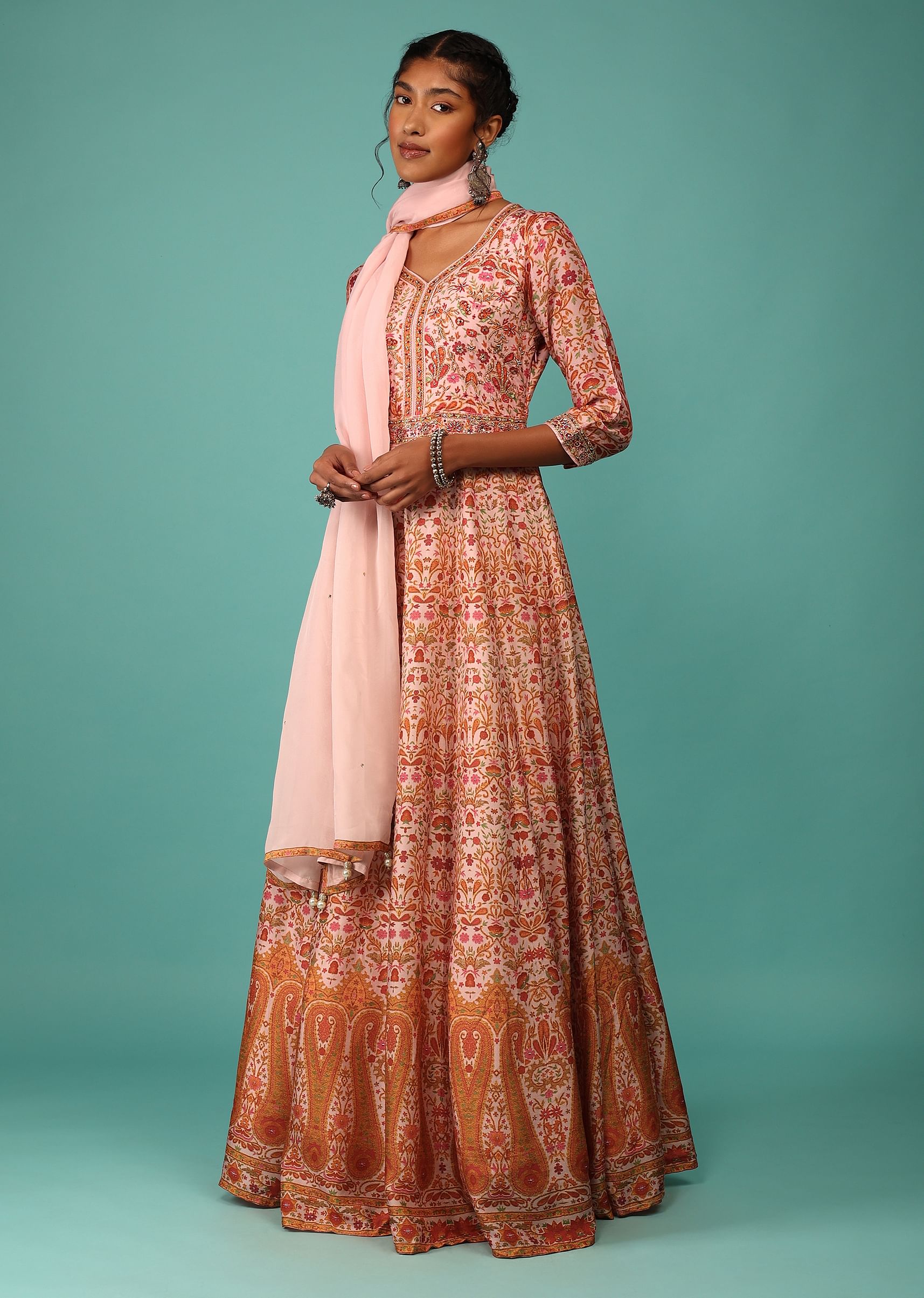 Buy Candy Pink Anarkali Suit Set In Raw Silk With Kashmiri Print Work And Embroidery KALKI Fashion Global