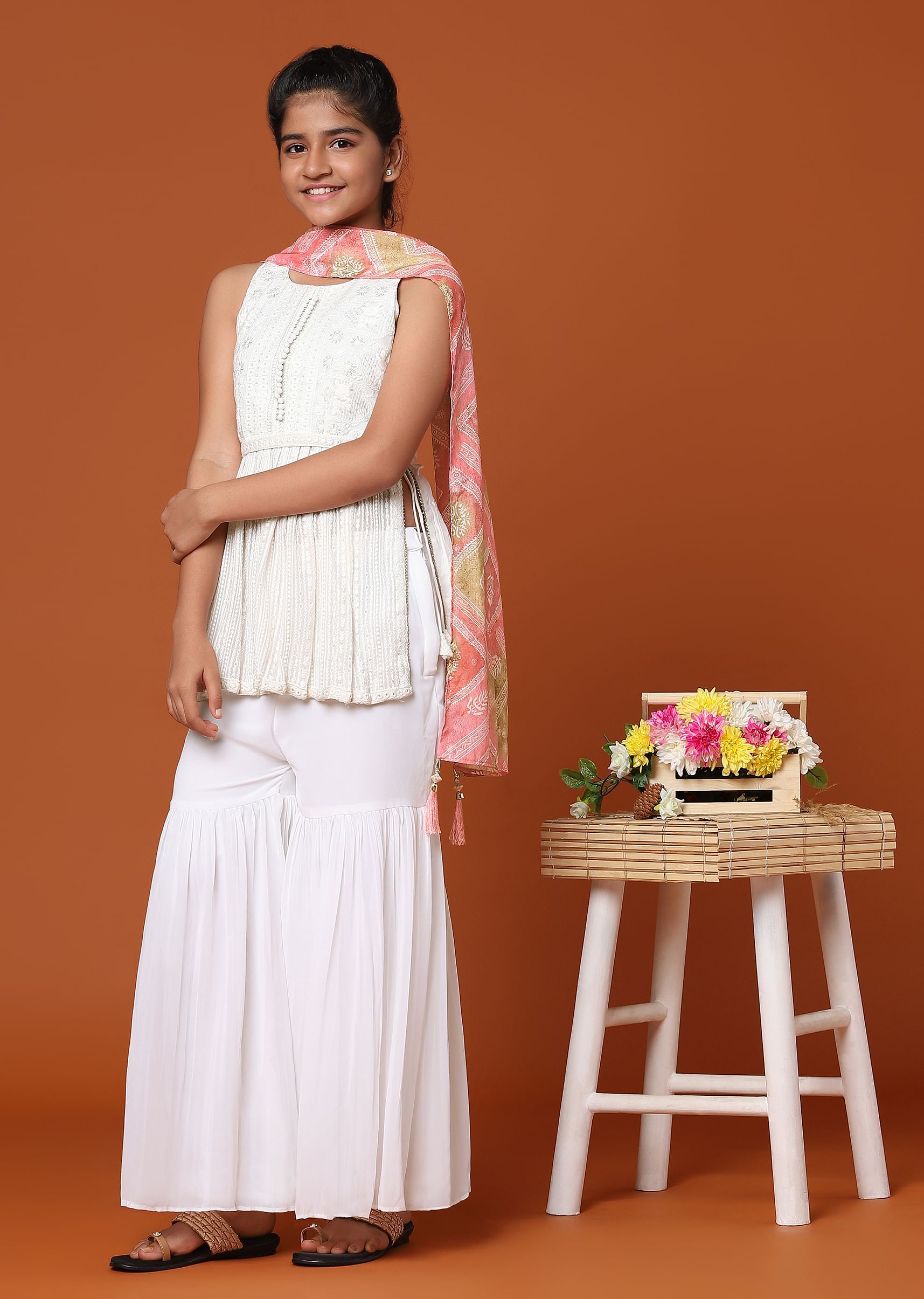 Buy Kalki Pearl White Embroidered Palazzo And Kurti Set In Georgette For Girls KALKI Fashion India