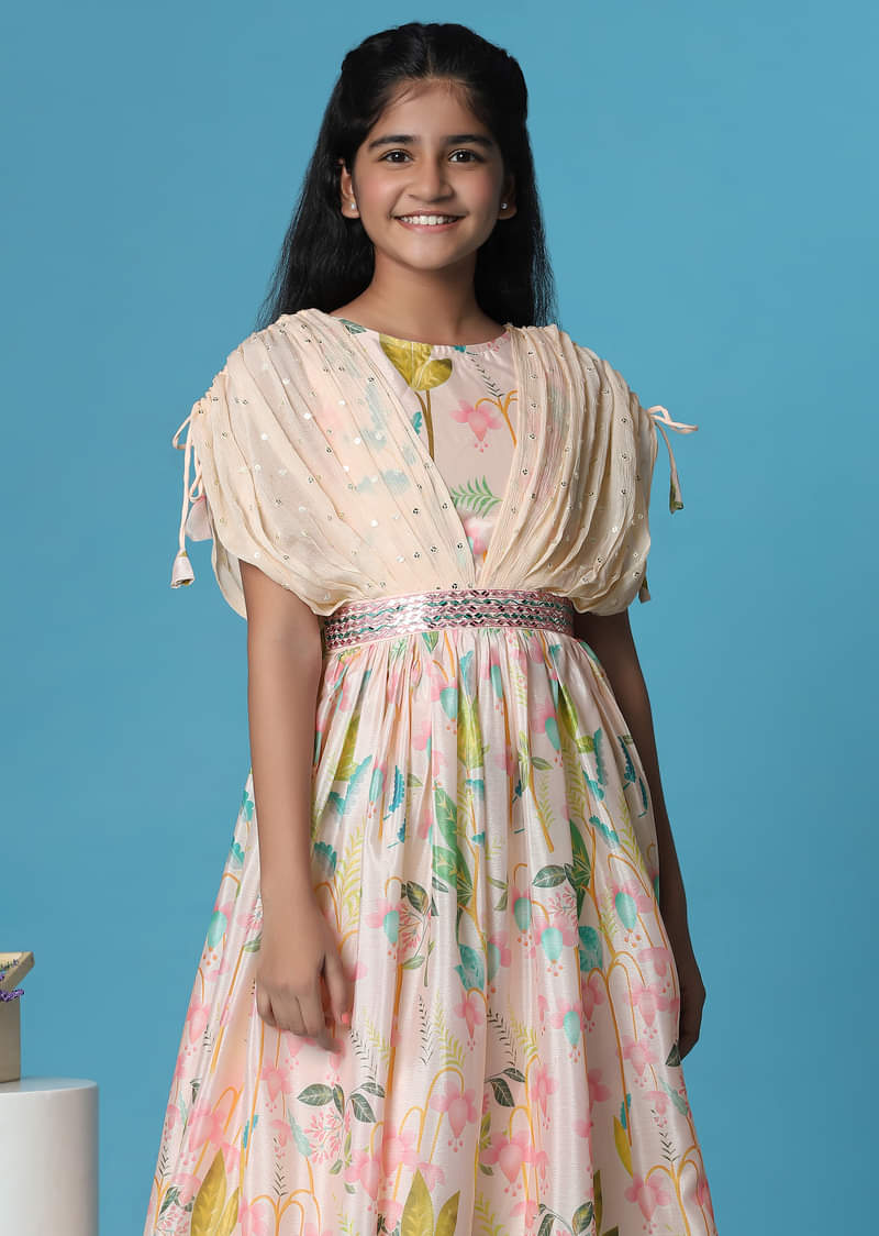 Kalki Petal Pink Gown In Georgette With Fancy Sleeves For Girls