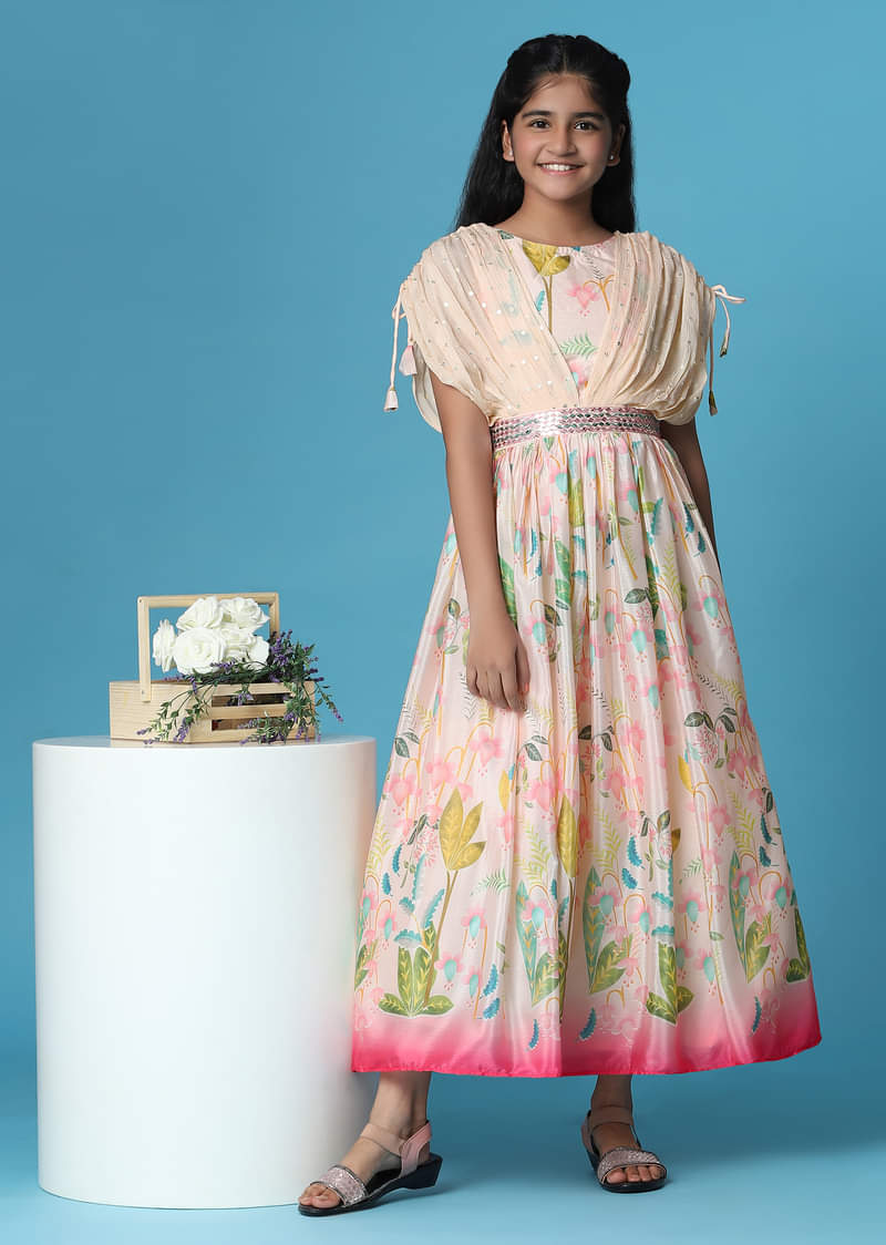 Kalki Petal Pink Gown In Georgette With Fancy Sleeves For Girls