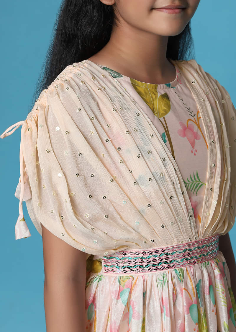 Kalki Petal Pink Gown In Georgette With Fancy Sleeves For Girls