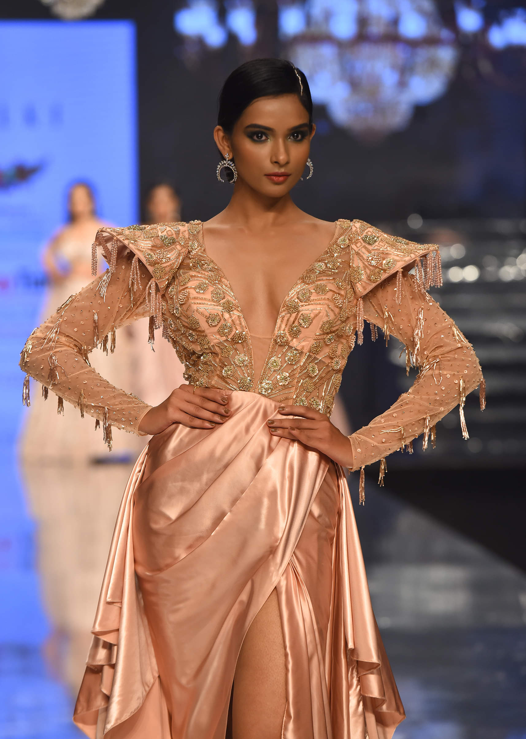 Buy Peach Pink Royal Retreat Gown In Satin Milano With Cap Sleeves Embroidery NOOR 2022 KALKI Fashion India