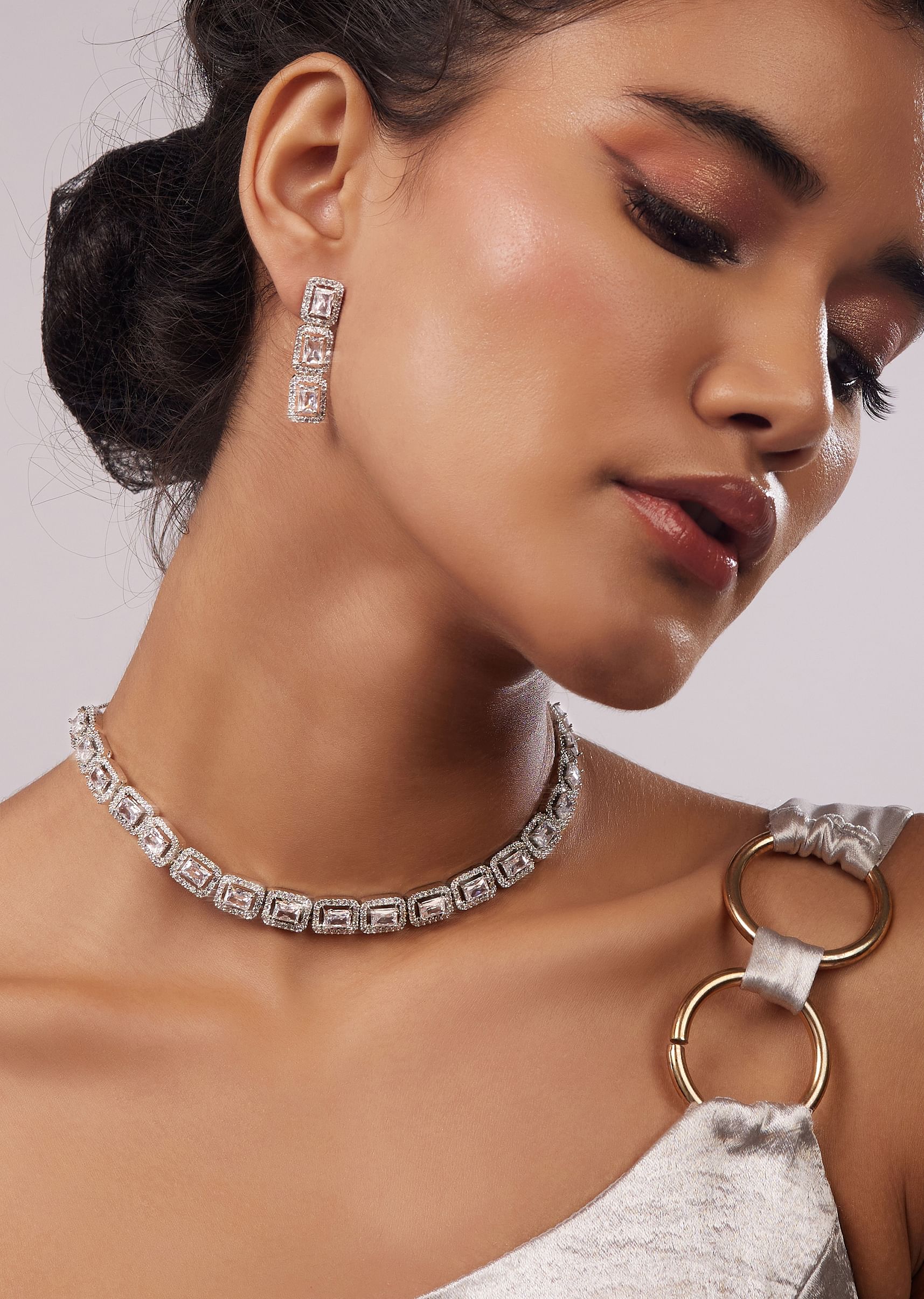 Buy Silver Alloy Plated Diamond Necklace Set KALKI Fashion India