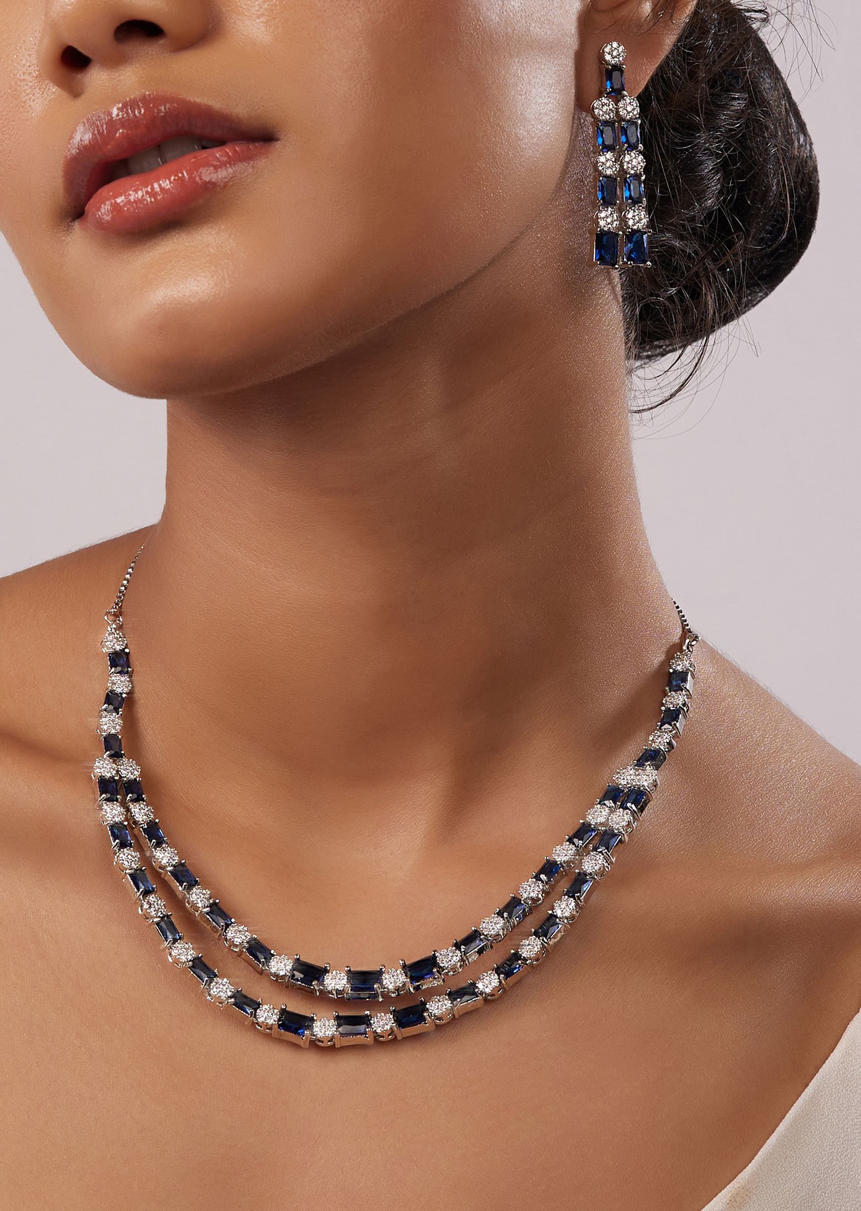 Buy Silver Plated Diamond Necklace Set With Navy Blue Stones KALKI Fashion Global