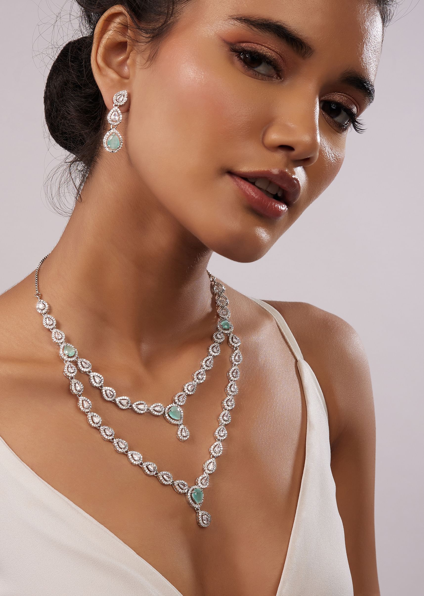 Buy Silver Plated Diamond Two Tier Necklace Set With Dusty Blue Stones KALKI Fashion Global