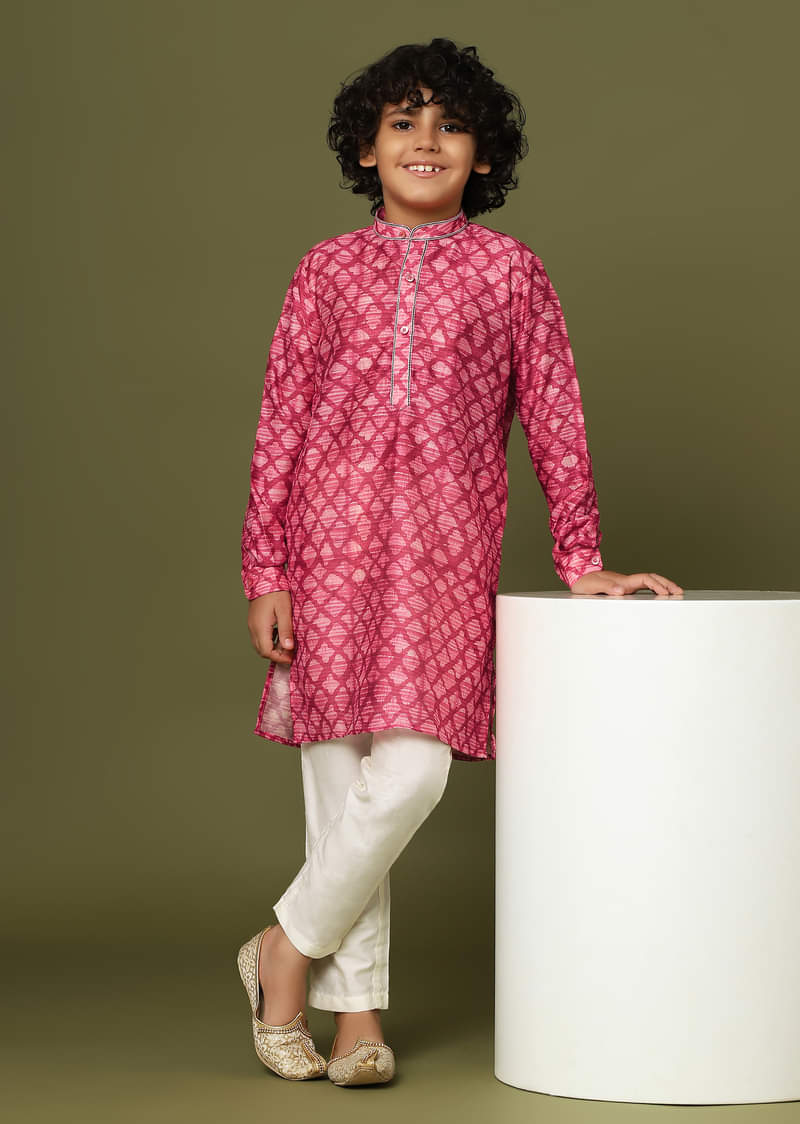 Kalki Valentine Red Boys Kurta Set In Tussar Silk With Threadwork On The Yoke For Boys