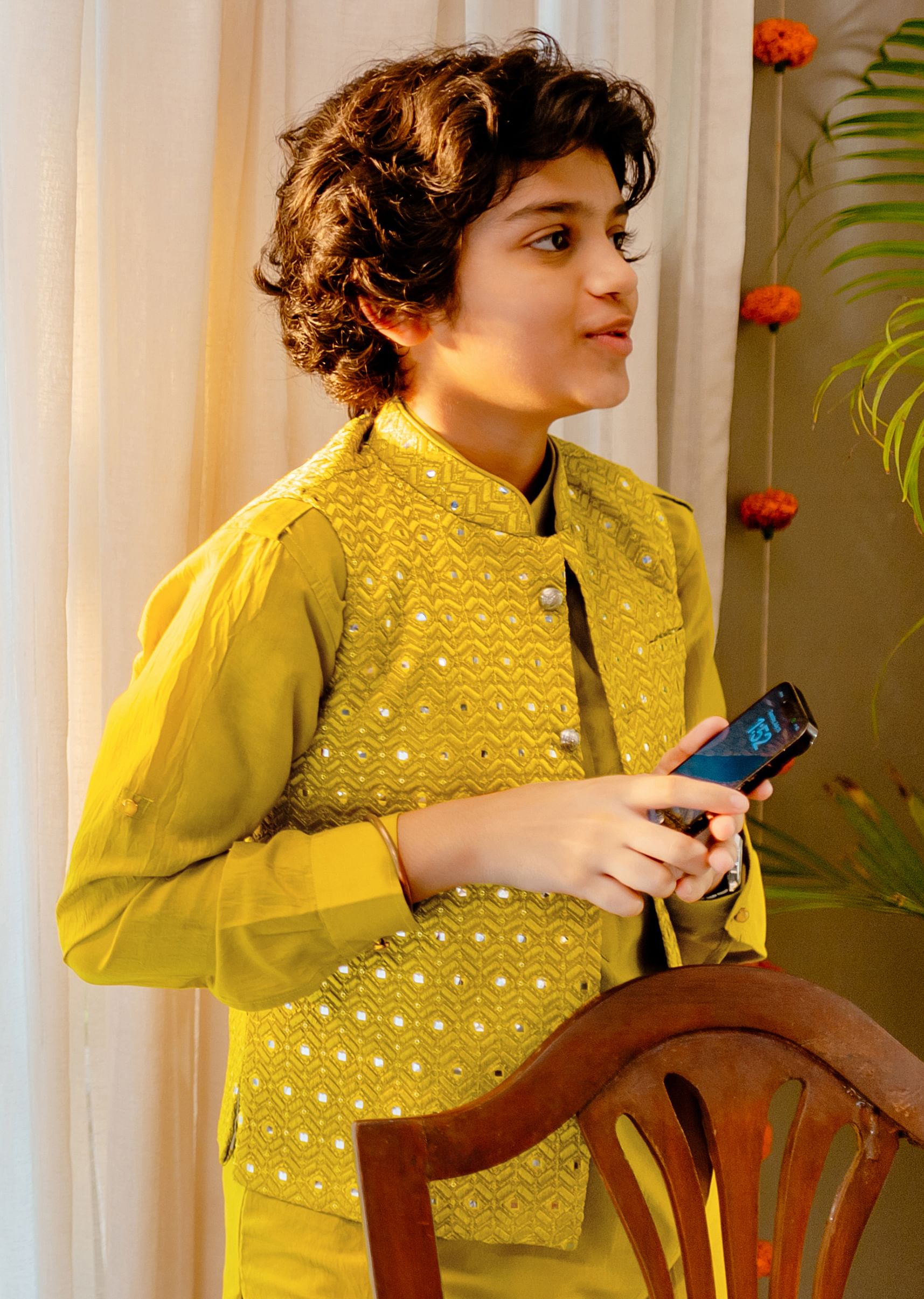 Buy Kalki Yellow Embroidered Bandi Jacket Set With Abla Work For Boys KALKI Fashion Global