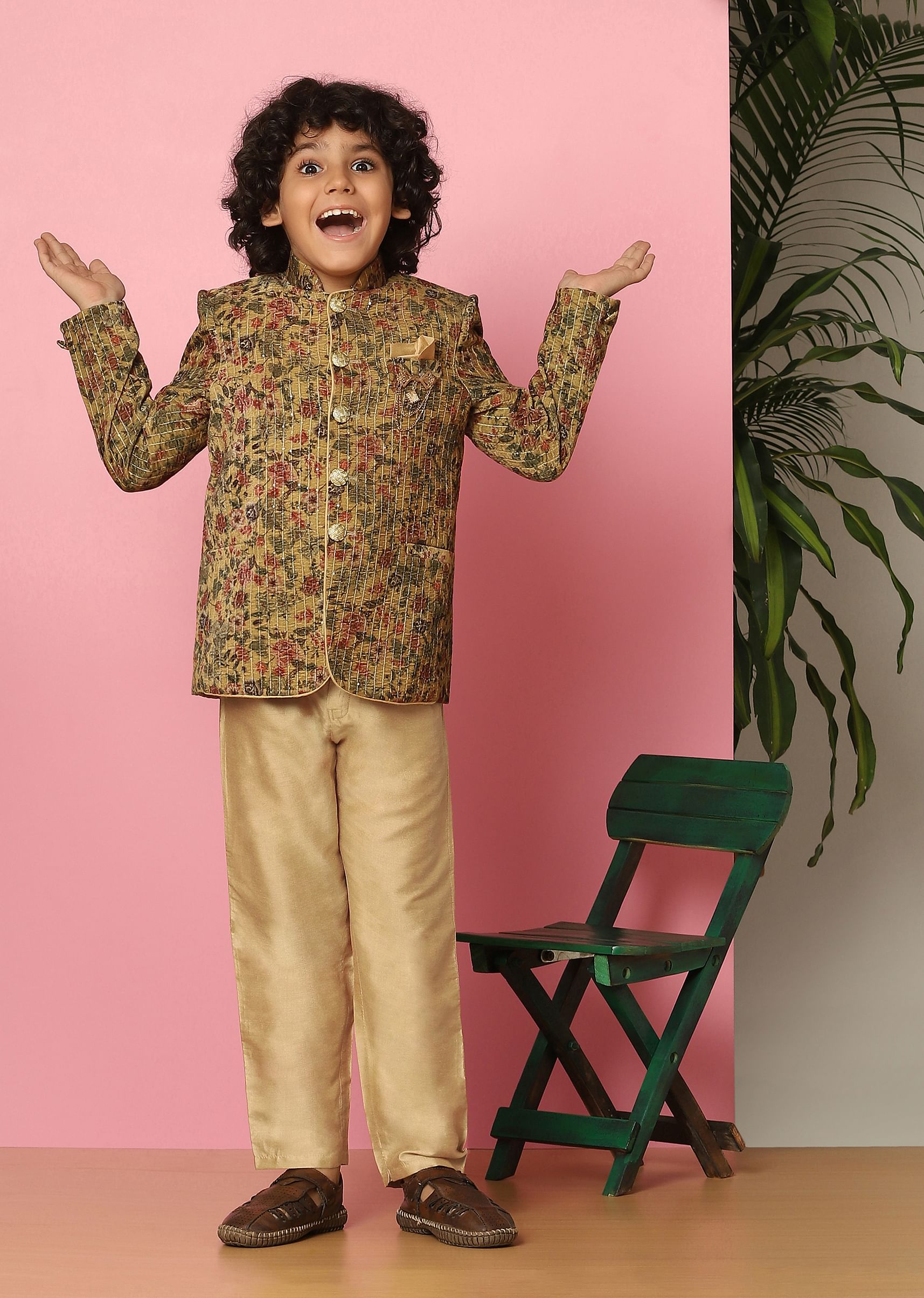 Buy Kalki Yellow Velvet Sherwani Set With Sequins And Floral Print For Boys KALKI Fashion Global