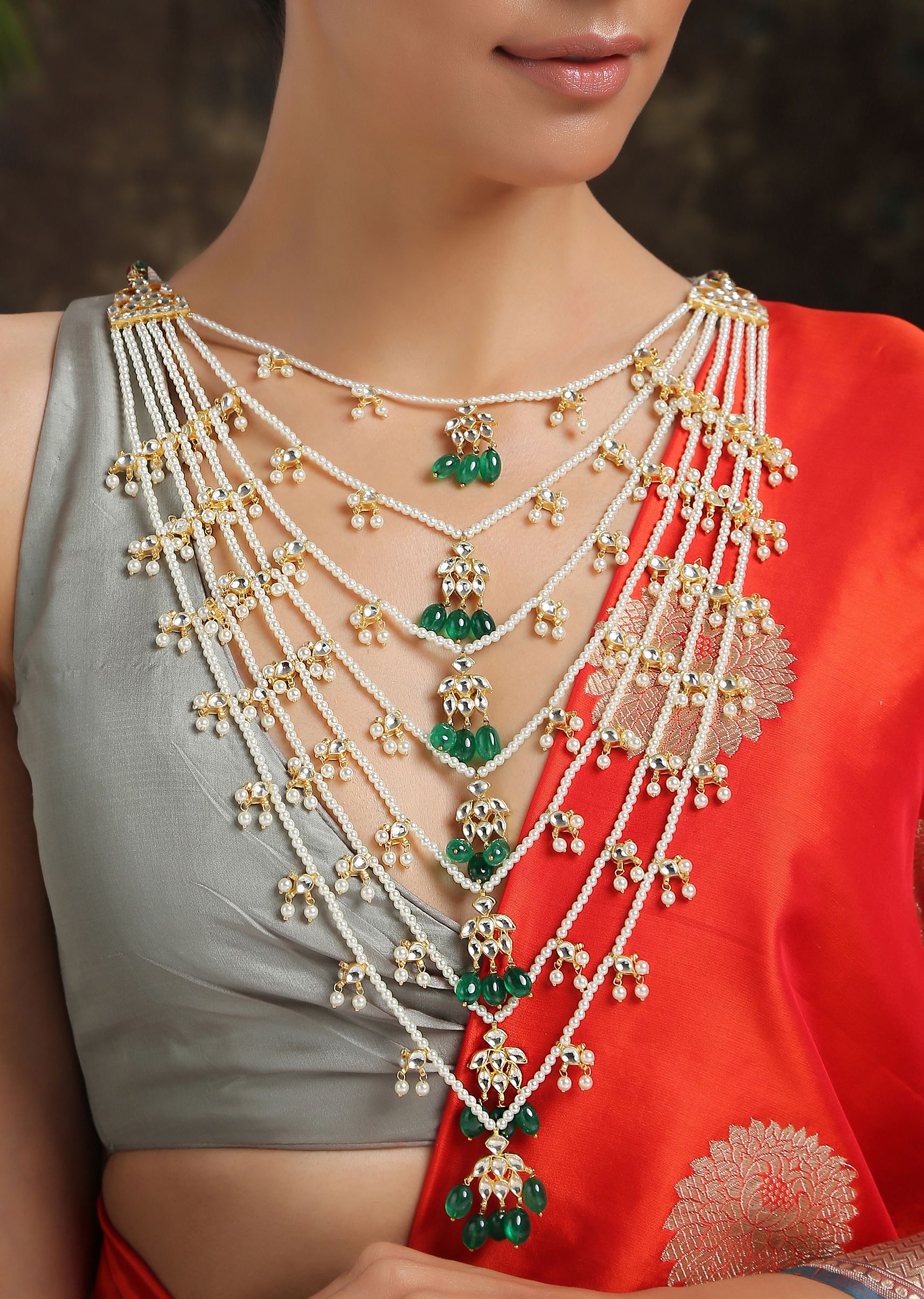 Buy Khushali Green Gold Plated Kundan Satlada Necklace KALKI Fashion Global