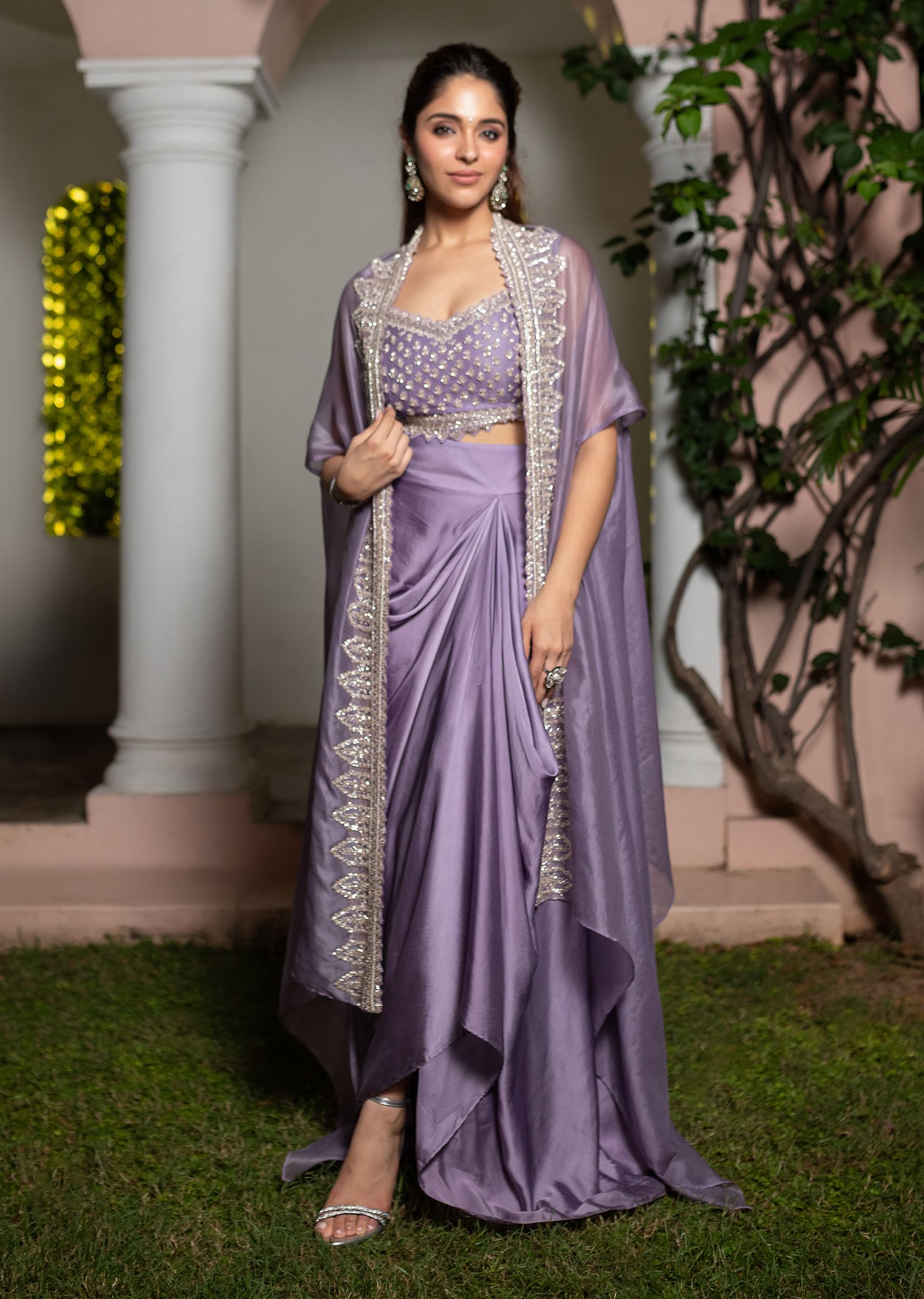 Buy Lavendar Embroidered Crop Top And Sequin Work Jacket With Draped Skirt