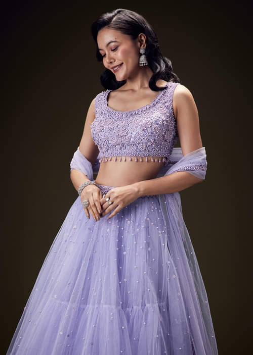 Buy Lavender Net Lehenga Set With Hand Embroidered Pearls KALKI
