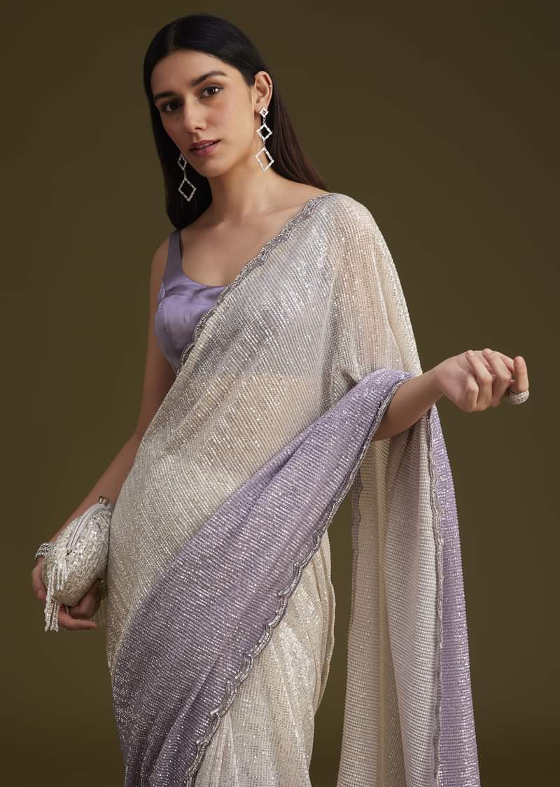 Buy Lavender Ombre Sequins Saree With Scallop Embroidery Border| KALKI ...