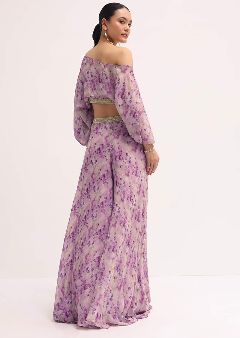 Lavender Printed Chiffon Crop Top And Palazzo