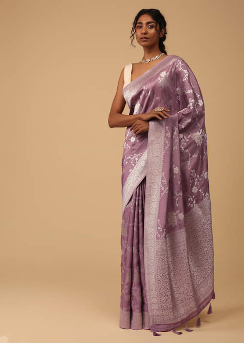 Buy Lavender Purple Saree In Dola Silk With Silver Zari Floral 