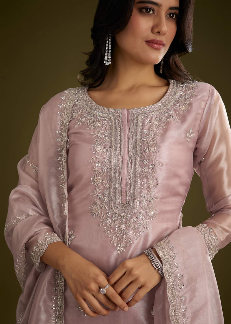 Lavender Tissue Cut Dana Beads Kurta Set With Embroidered Dupatta