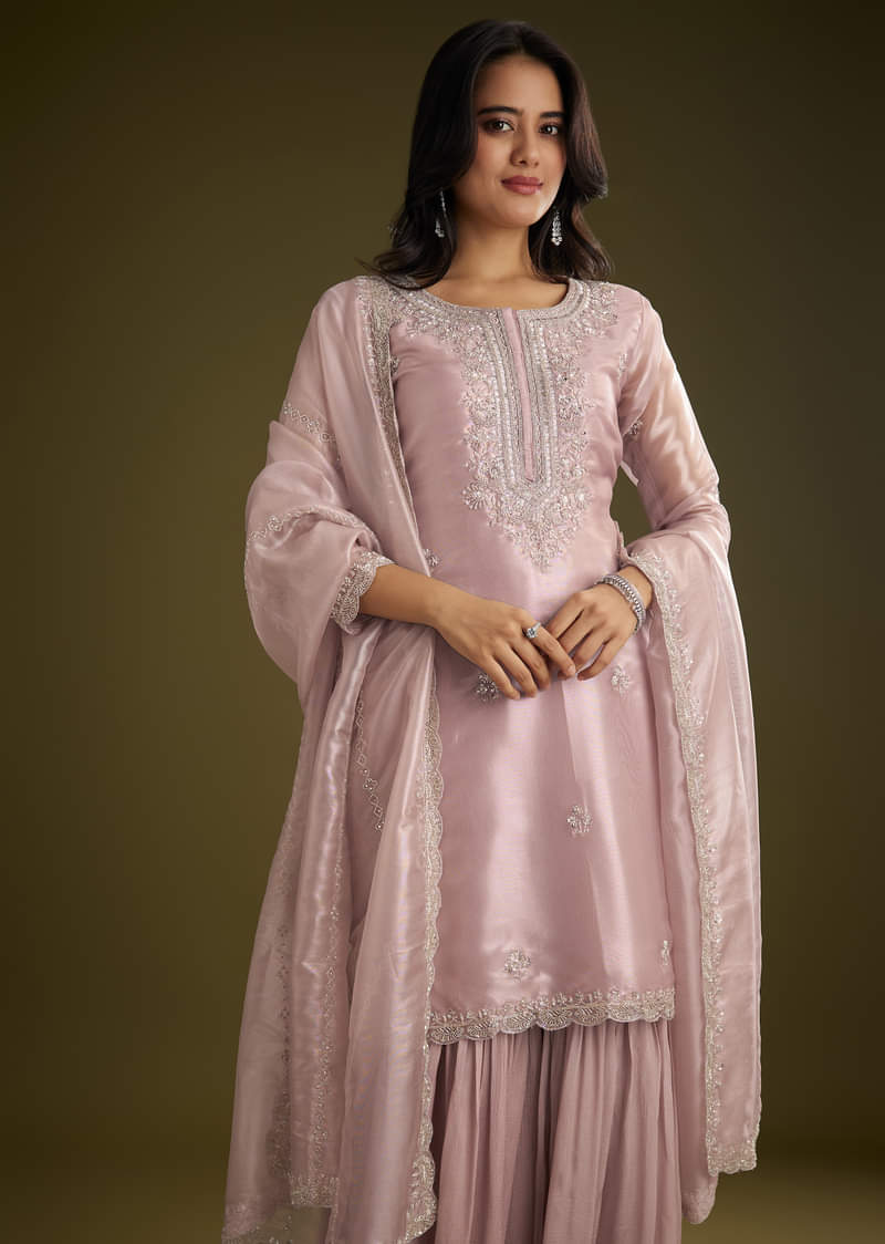 Lavender Tissue Cut Dana Beads Kurta Set With Embroidered Dupatta