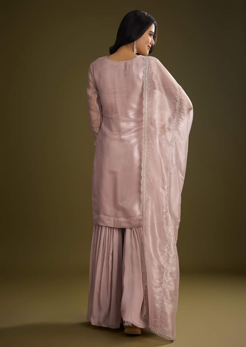 Lavender Tissue Cut Dana Beads Kurta Set With Embroidered Dupatta