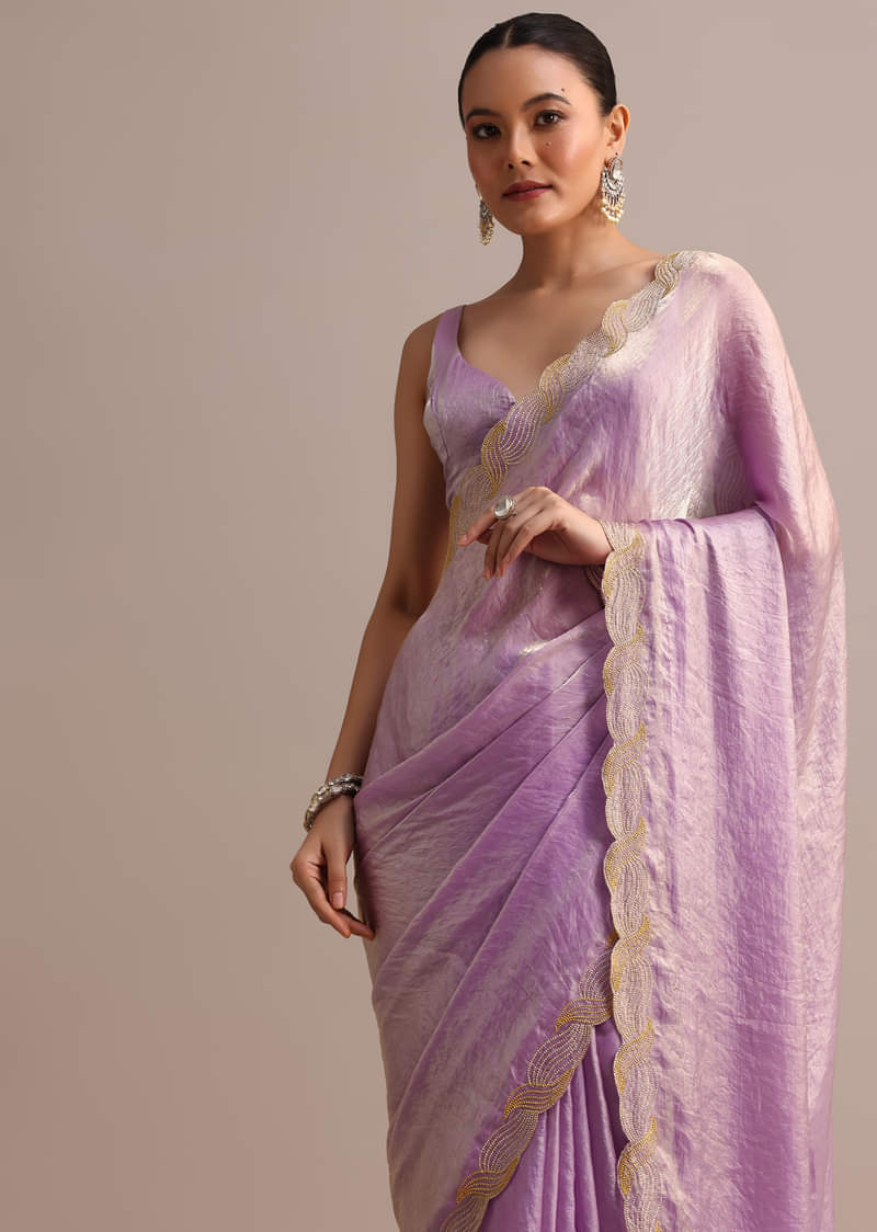 Lavender Soft Tissue Saree With Zari Embroidered Border