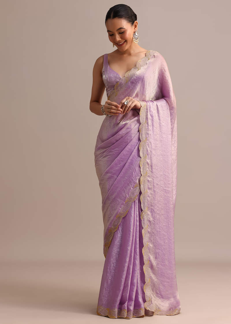 Lavender Soft Tissue Saree With Zari Embroidered Border