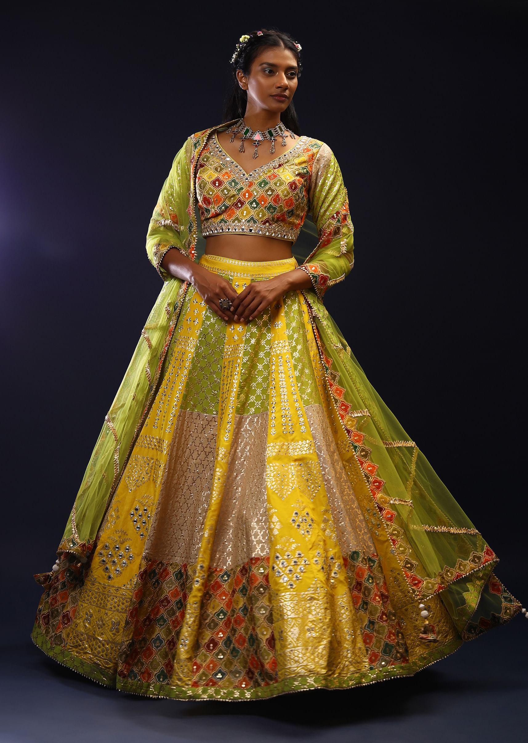 Buy Lemon Yellow And Lime Green Brocade Lehenga Choli With Multi Colored Moroccan Print KALKI Fashion Global