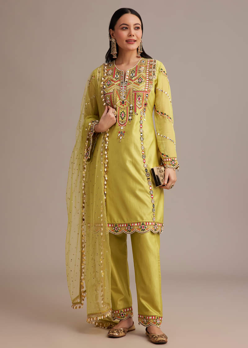 Buy Lemon Yellow Silk Kurta Set With Mirror And Thread Work